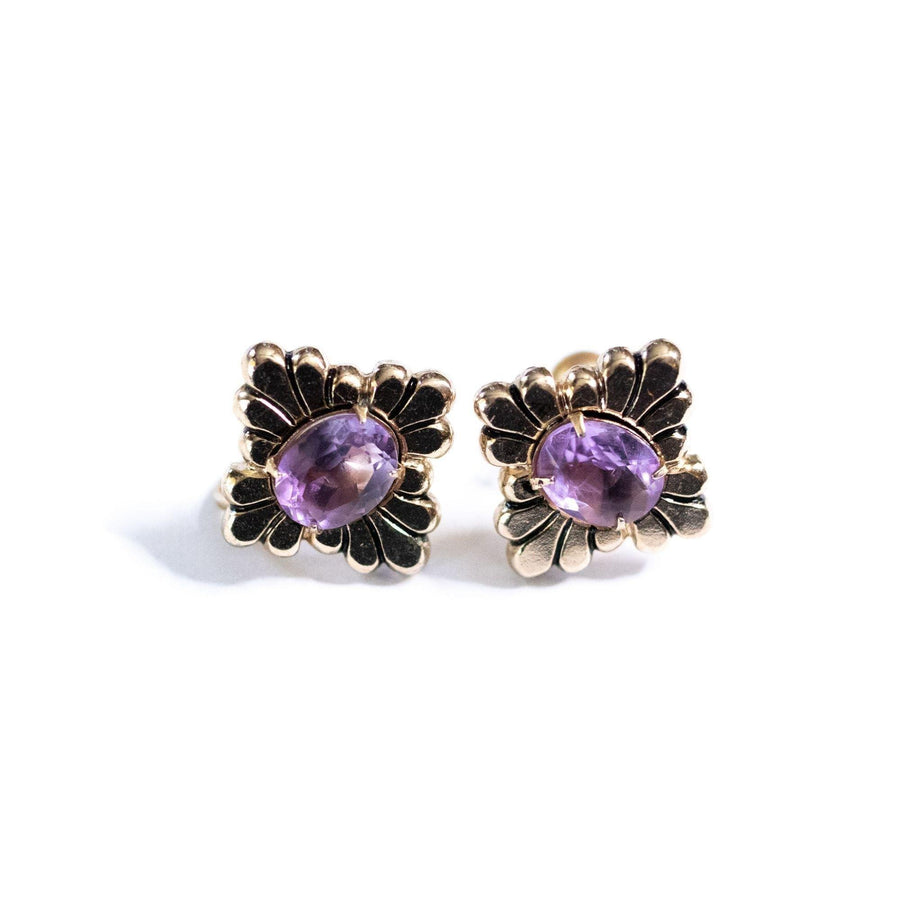 Vintage 1940s Coro Purple Crystal and Gold Earrings by Coro - Vintage Meet Modern Vintage Jewelry - Chicago, Illinois - #oldhollywoodglamour #vintagemeetmodern #designervintage #jewelrybox #antiquejewelry #vintagejewelry