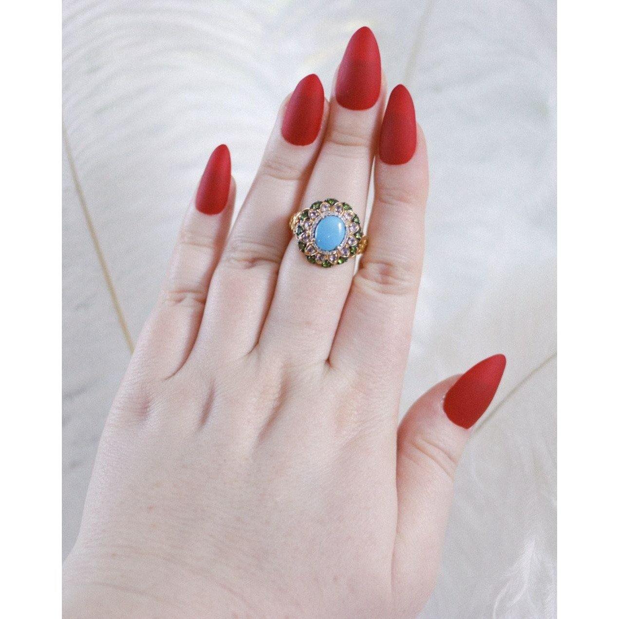 Vintage Turquoise, Tanzanite and Green Tourmaline Statement Ring by Unsigned Beauty - Vintage Meet Modern Vintage Jewelry - Chicago, Illinois - #oldhollywoodglamour #vintagemeetmodern #designervintage #jewelrybox #antiquejewelry #vintagejewelry