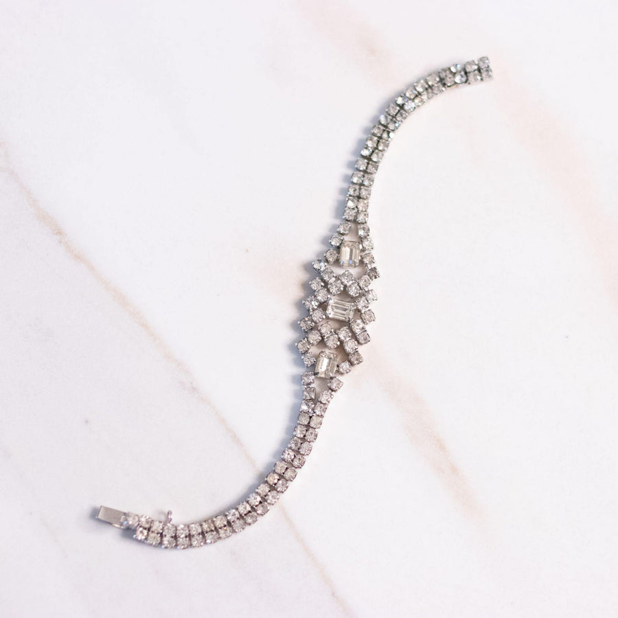 Vintage Art Deco Rhinestone Bracelet  with Emerald Cut Center Stone by Unsigned Beauty - Vintage Meet Modern Vintage Jewelry - Chicago, Illinois - #oldhollywoodglamour #vintagemeetmodern #designervintage #jewelrybox #antiquejewelry #vintagejewelry