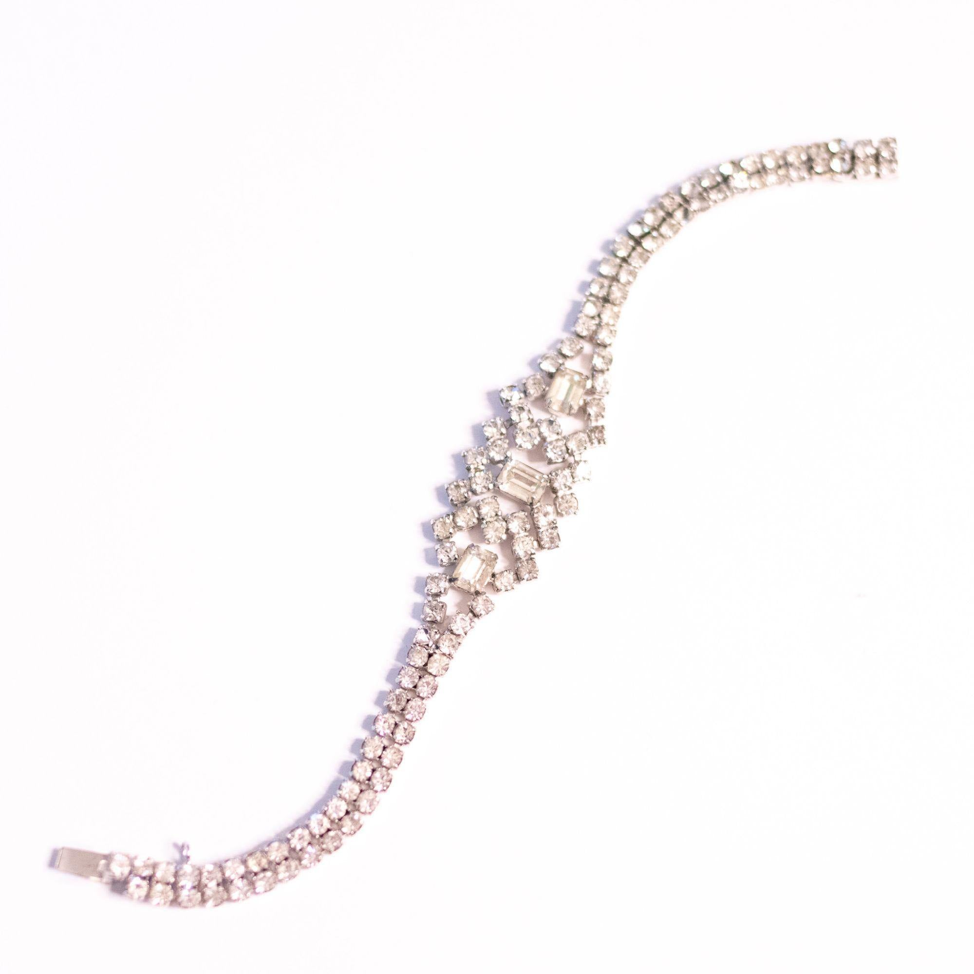 Vintage Art Deco Rhinestone Bracelet  with Emerald Cut Center Stone by Unsigned Beauty - Vintage Meet Modern Vintage Jewelry - Chicago, Illinois - #oldhollywoodglamour #vintagemeetmodern #designervintage #jewelrybox #antiquejewelry #vintagejewelry