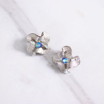 Vintage Silver Crinkle Earrings with Blue Aurora Rhinestones by Unsigned Beauty - Vintage Meet Modern Vintage Jewelry - Chicago, Illinois - #oldhollywoodglamour #vintagemeetmodern #designervintage #jewelrybox #antiquejewelry #vintagejewelry