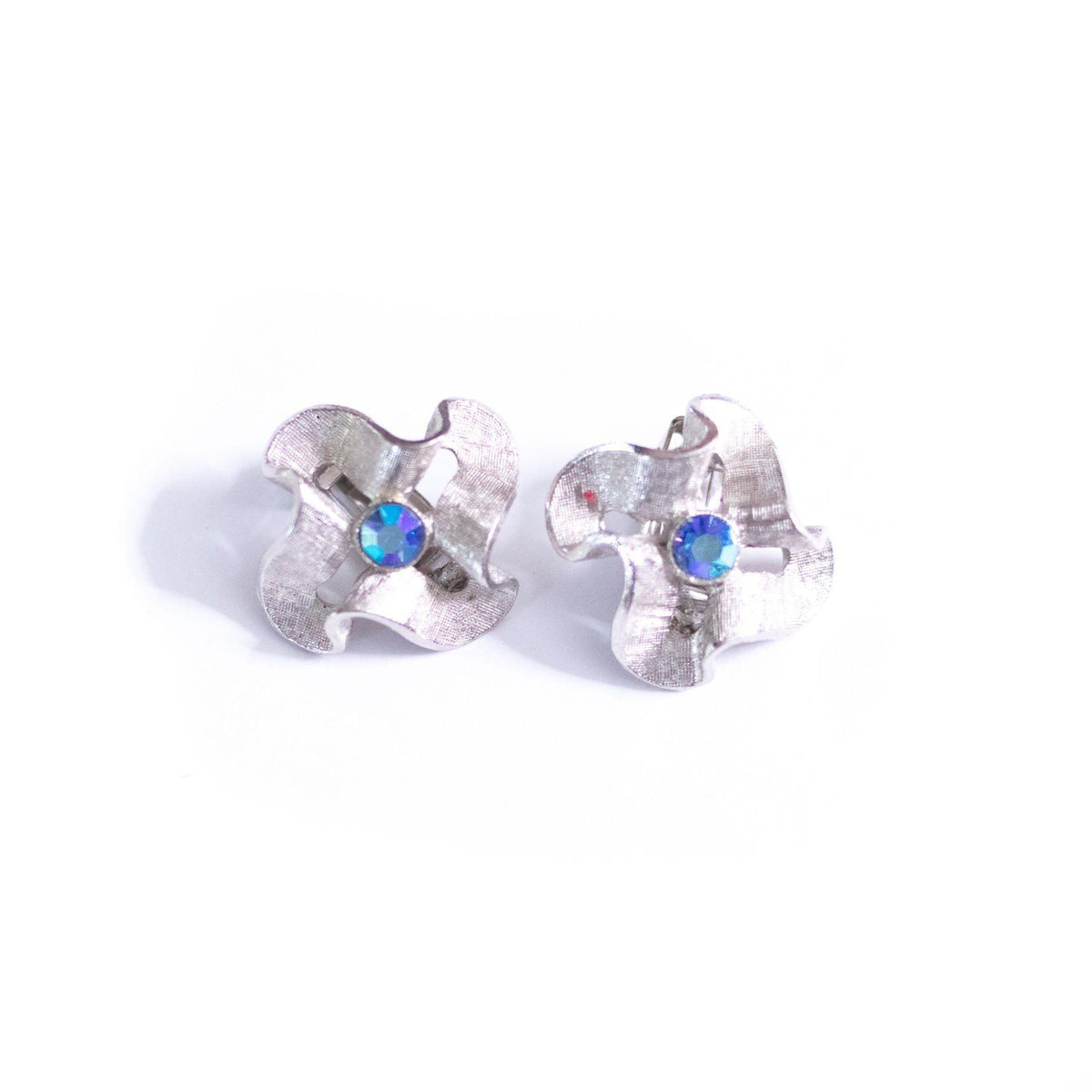 Vintage Silver Crinkle Earrings with Blue Aurora Rhinestones