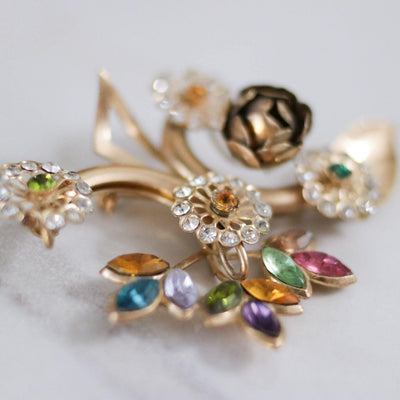 Vintage 1940s Colorful Rhinestone Flower Brooch with Gold Roses by Unsigned Beauty - Vintage Meet Modern Vintage Jewelry - Chicago, Illinois - #oldhollywoodglamour #vintagemeetmodern #designervintage #jewelrybox #antiquejewelry #vintagejewelry