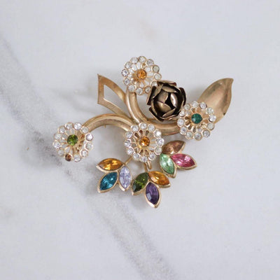 Vintage 1940s Colorful Rhinestone Flower Brooch with Gold Roses by Unsigned Beauty - Vintage Meet Modern Vintage Jewelry - Chicago, Illinois - #oldhollywoodglamour #vintagemeetmodern #designervintage #jewelrybox #antiquejewelry #vintagejewelry