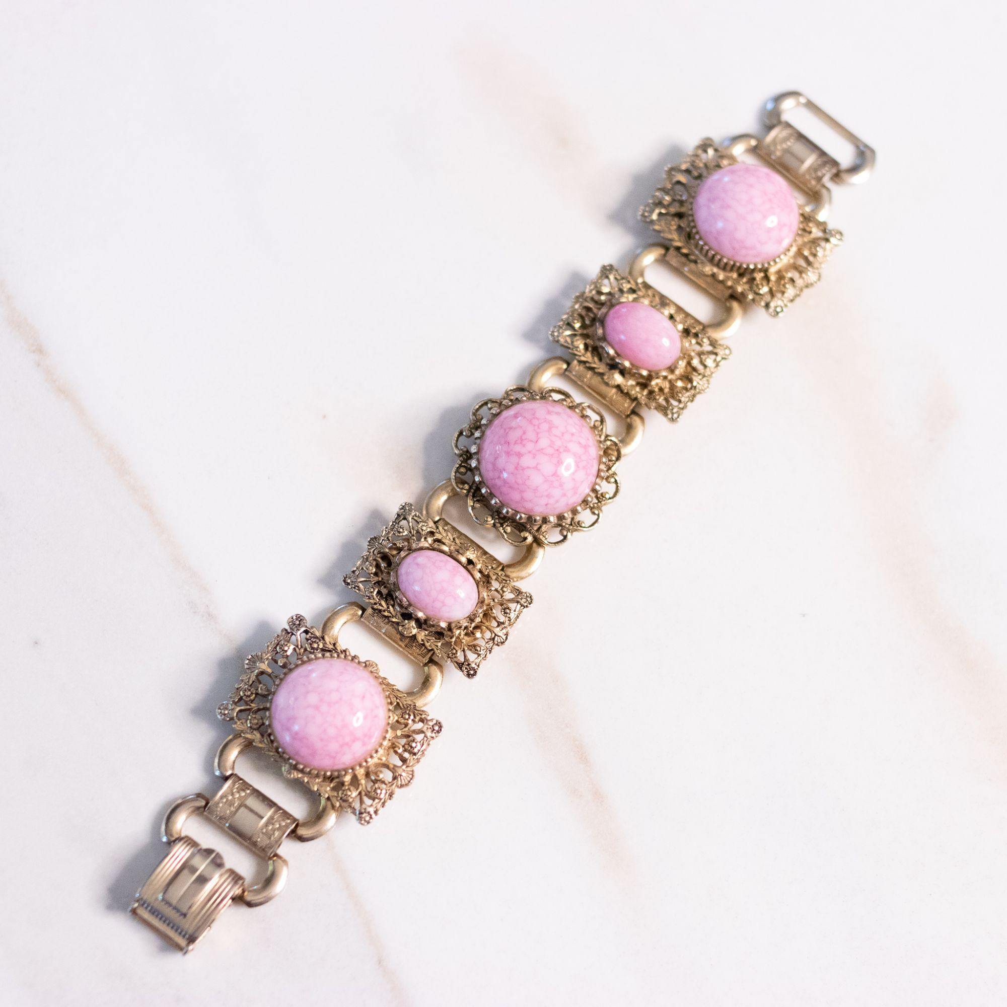Vintage Pink Glass Cabochon Book Chain Statement Bracelet by Unsigned Beauty - Vintage Meet Modern Vintage Jewelry - Chicago, Illinois - #oldhollywoodglamour #vintagemeetmodern #designervintage #jewelrybox #antiquejewelry #vintagejewelry