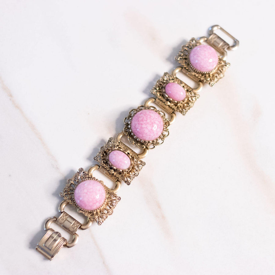 Vintage Pink Glass Cabochon Book Chain Statement Bracelet by Unsigned Beauty - Vintage Meet Modern Vintage Jewelry - Chicago, Illinois - #oldhollywoodglamour #vintagemeetmodern #designervintage #jewelrybox #antiquejewelry #vintagejewelry