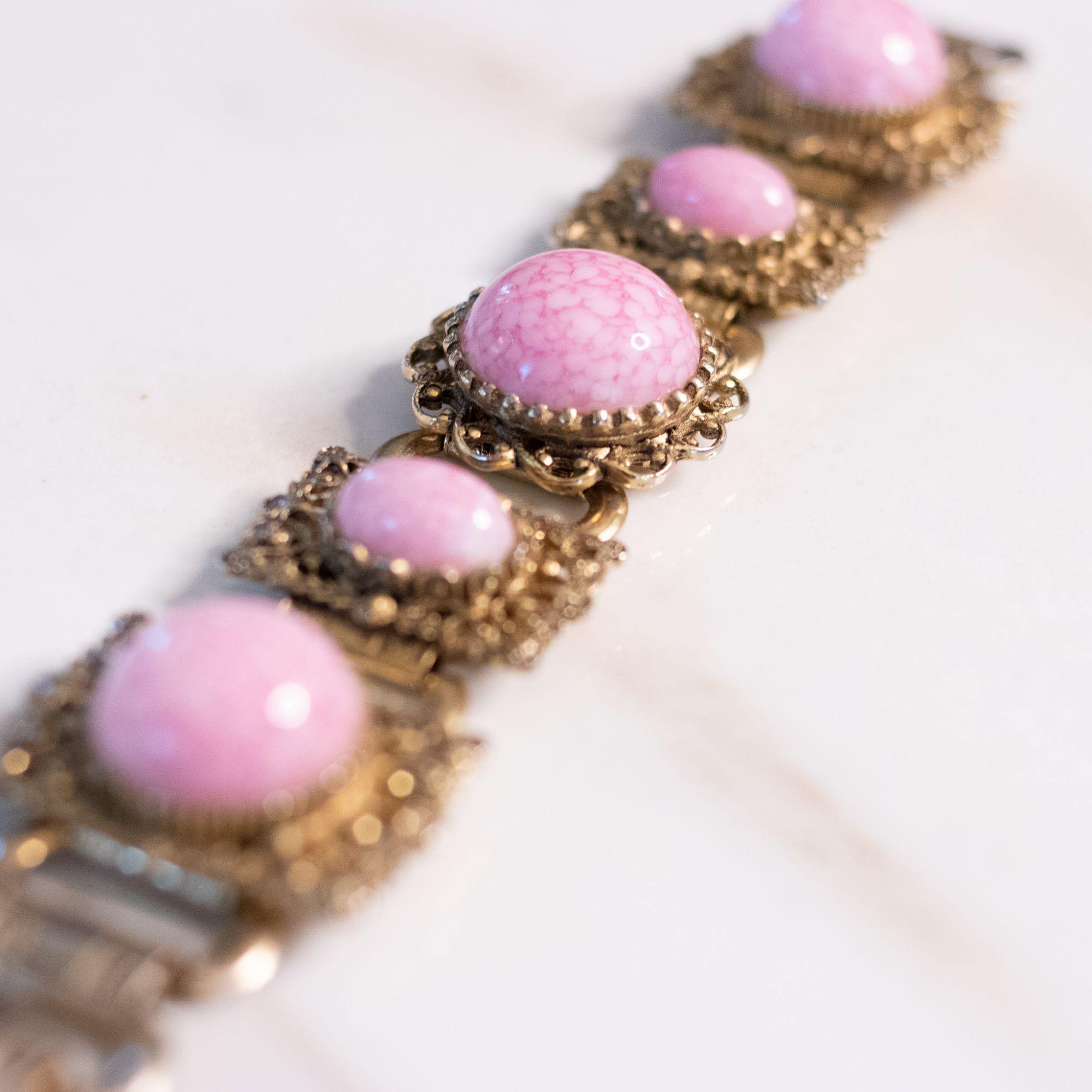 Vintage Pink Glass Cabochon Book Chain Statement Bracelet by Unsigned Beauty - Vintage Meet Modern Vintage Jewelry - Chicago, Illinois - #oldhollywoodglamour #vintagemeetmodern #designervintage #jewelrybox #antiquejewelry #vintagejewelry