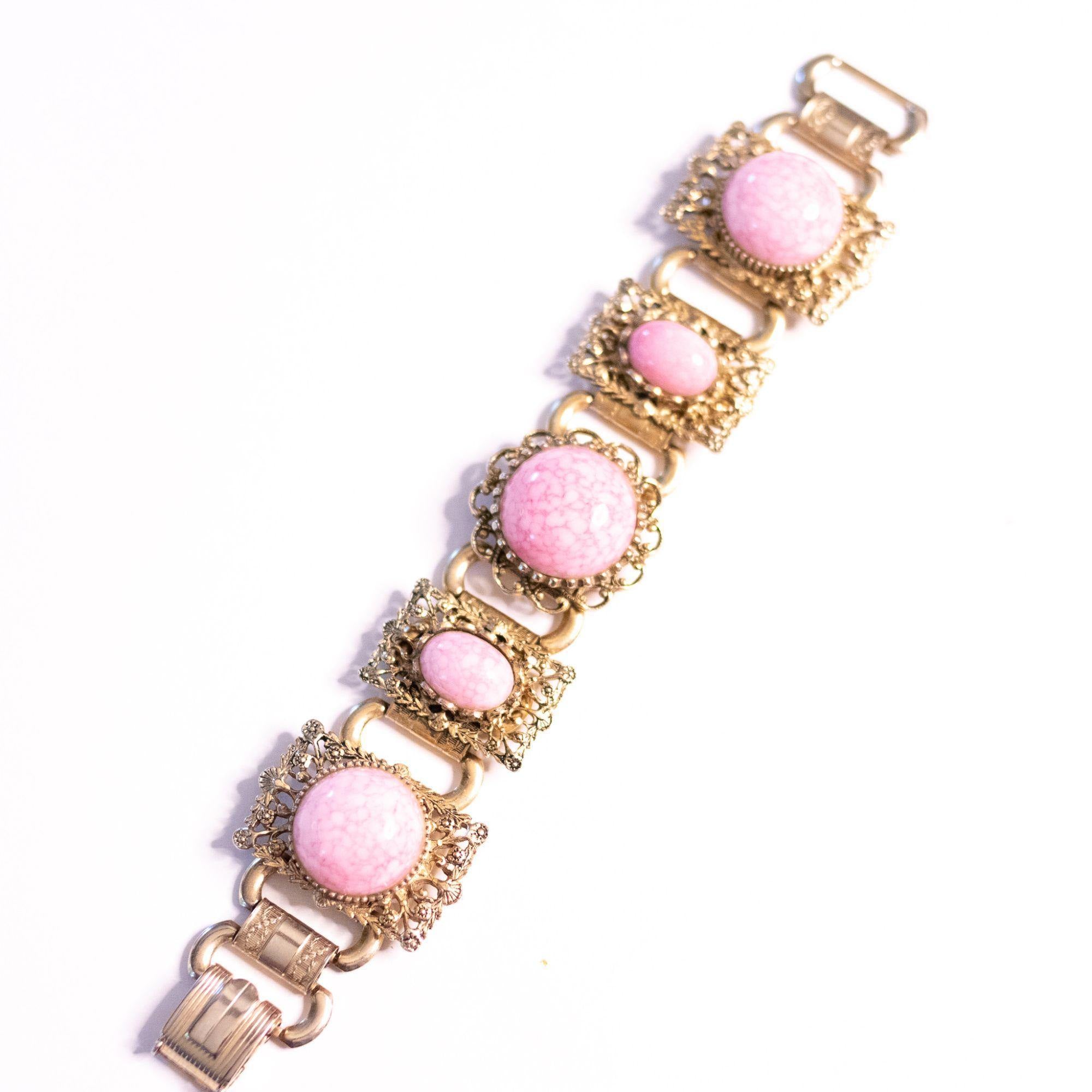 Vintage Pink Glass Cabochon Book Chain Statement Bracelet by Unsigned Beauty - Vintage Meet Modern Vintage Jewelry - Chicago, Illinois - #oldhollywoodglamour #vintagemeetmodern #designervintage #jewelrybox #antiquejewelry #vintagejewelry