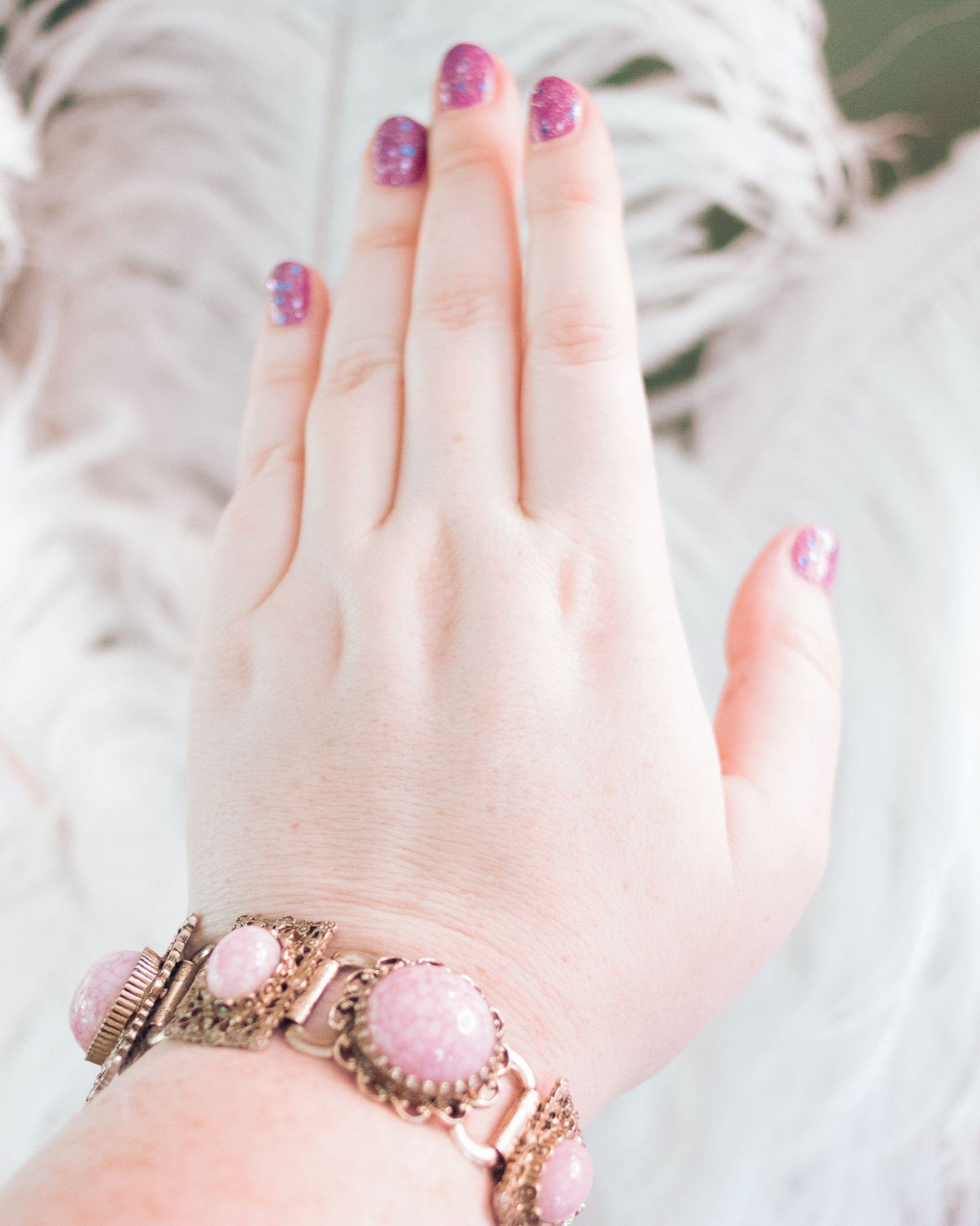 Vintage Pink Glass Cabochon Book Chain Statement Bracelet by Unsigned Beauty - Vintage Meet Modern Vintage Jewelry - Chicago, Illinois - #oldhollywoodglamour #vintagemeetmodern #designervintage #jewelrybox #antiquejewelry #vintagejewelry