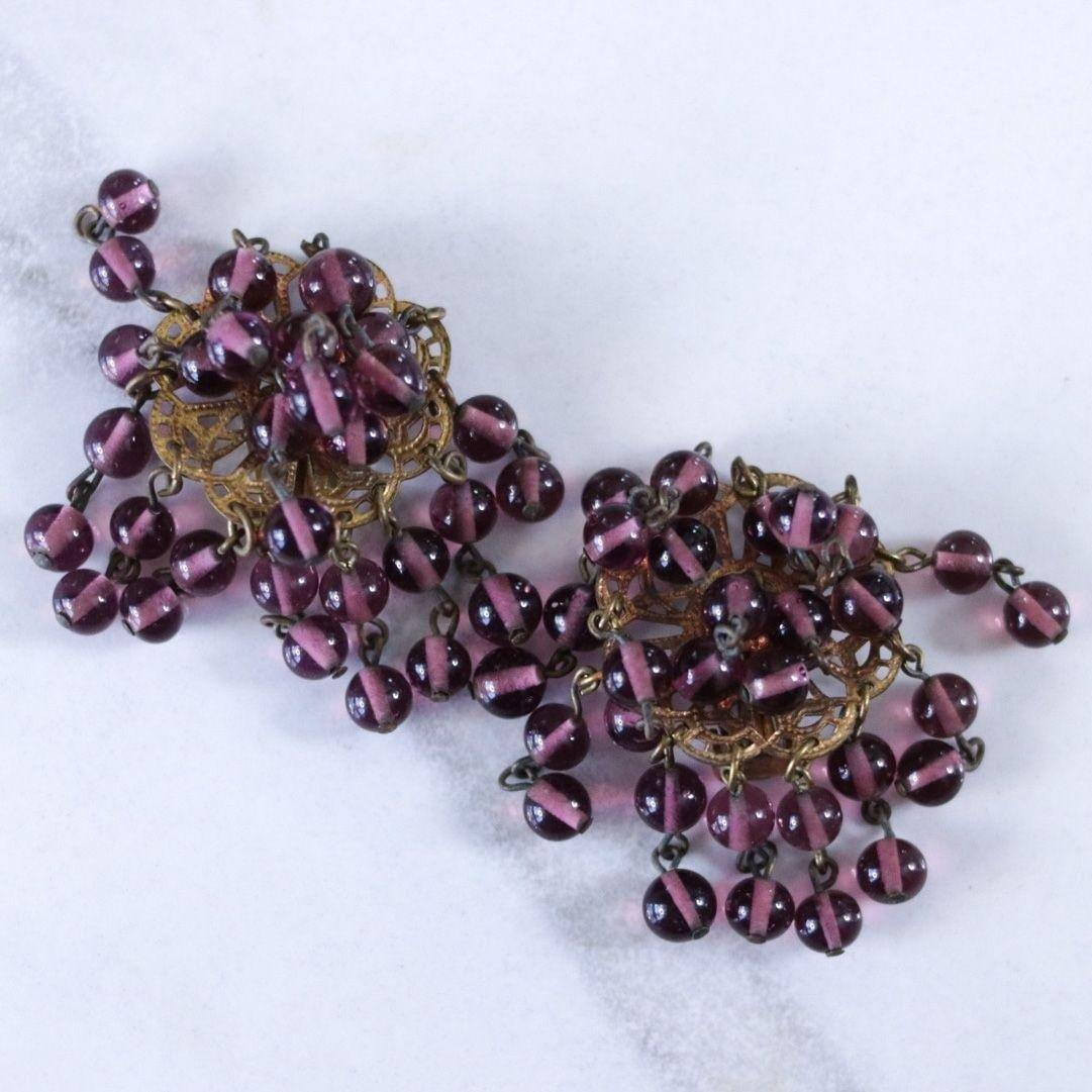 Vintage Purple Glass Bead Cha Cha Statement Earrings by Czech - Vintage Meet Modern Vintage Jewelry - Chicago, Illinois - #oldhollywoodglamour #vintagemeetmodern #designervintage #jewelrybox #antiquejewelry #vintagejewelry