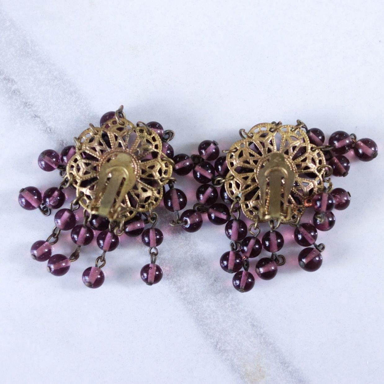 Vintage Purple Glass Bead Cha Cha Statement Earrings by Czech - Vintage Meet Modern Vintage Jewelry - Chicago, Illinois - #oldhollywoodglamour #vintagemeetmodern #designervintage #jewelrybox #antiquejewelry #vintagejewelry