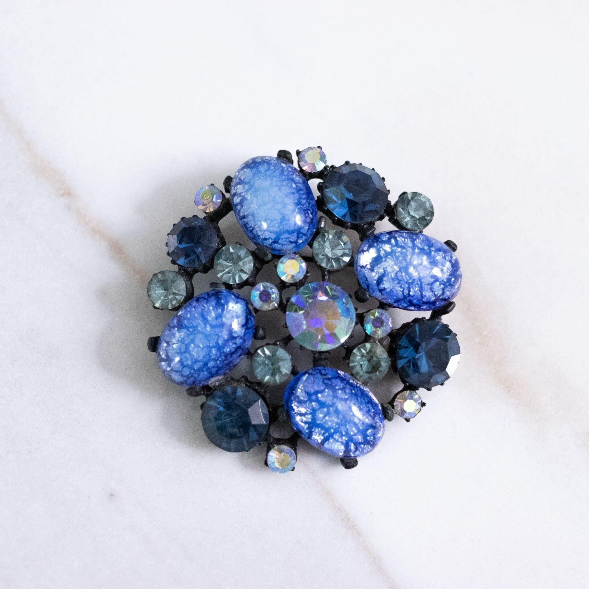 Vintage Claudette Blue Opaline Glass and Blue Rhinestone Medallion Brooch by Claudette - Vintage Meet Modern Vintage Jewelry - Chicago, Illinois - #oldhollywoodglamour #vintagemeetmodern #designervintage #jewelrybox #antiquejewelry #vintagejewelry