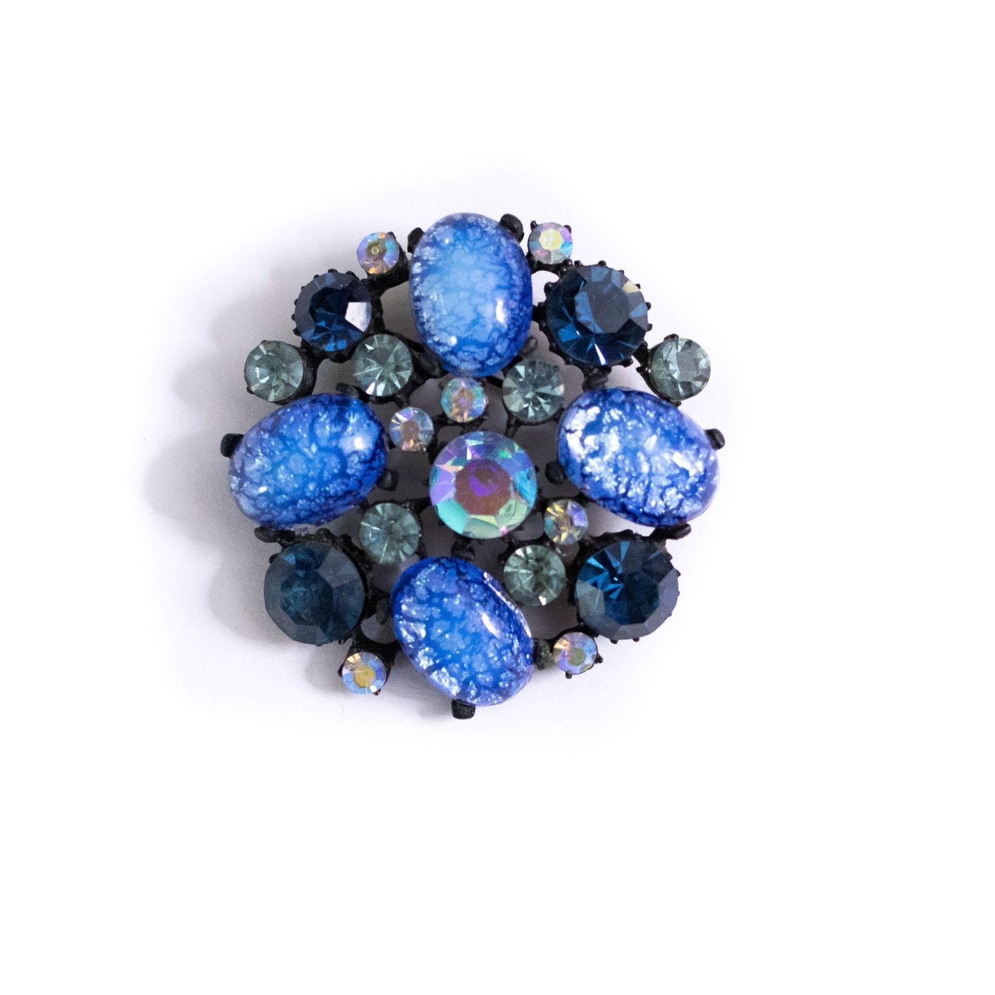 Vintage Claudette Blue Opaline Glass and Blue Rhinestone Medallion Brooch by Claudette - Vintage Meet Modern Vintage Jewelry - Chicago, Illinois - #oldhollywoodglamour #vintagemeetmodern #designervintage #jewelrybox #antiquejewelry #vintagejewelry