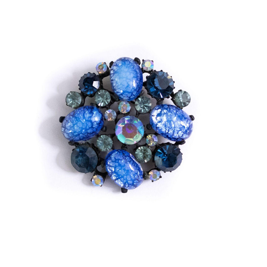Vintage Claudette Blue Opaline Glass and Blue Rhinestone Medallion Brooch by Claudette - Vintage Meet Modern Vintage Jewelry - Chicago, Illinois - #oldhollywoodglamour #vintagemeetmodern #designervintage #jewelrybox #antiquejewelry #vintagejewelry