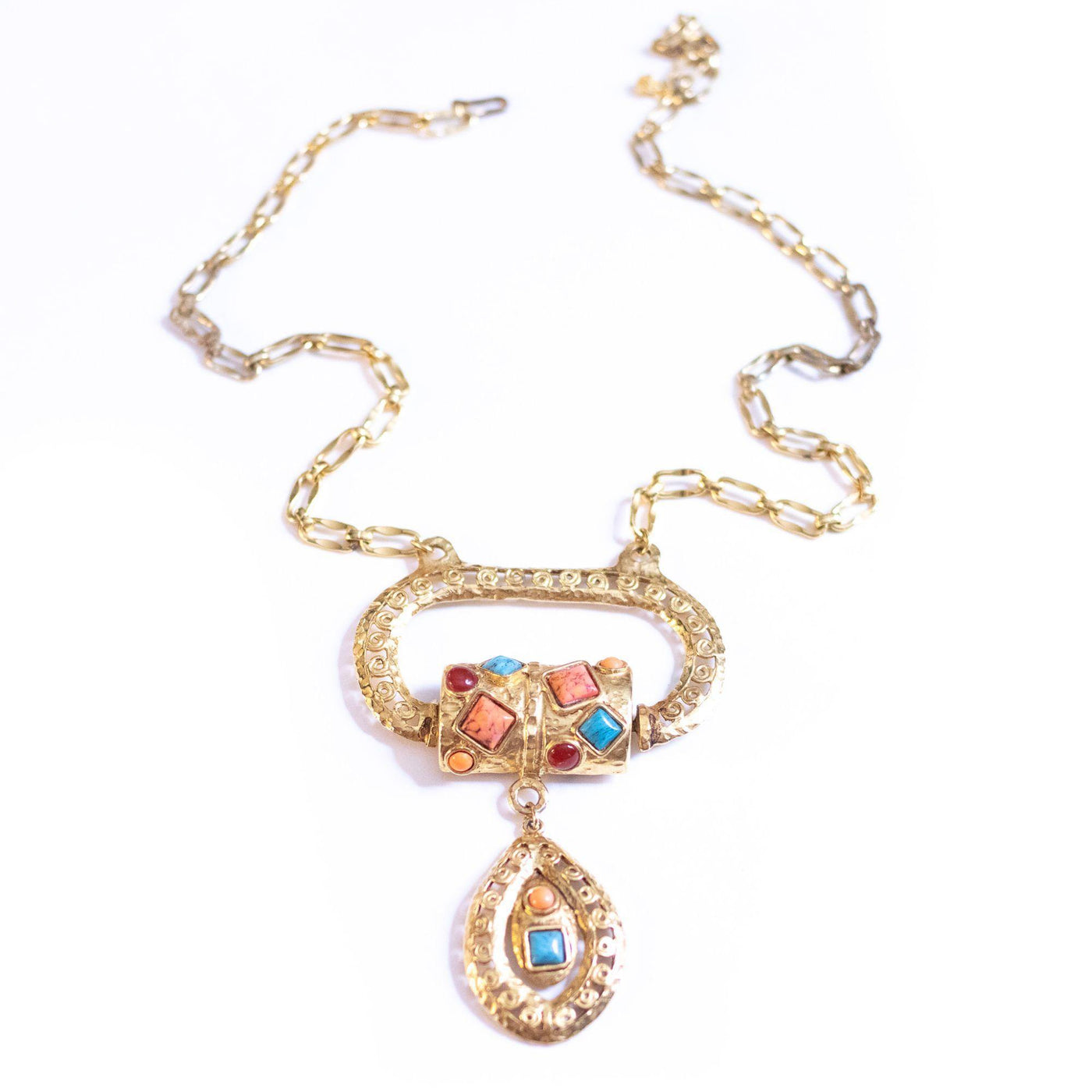 Vintage Etruscan Statement Necklace with Coral, Turquoise, and Red Lucite