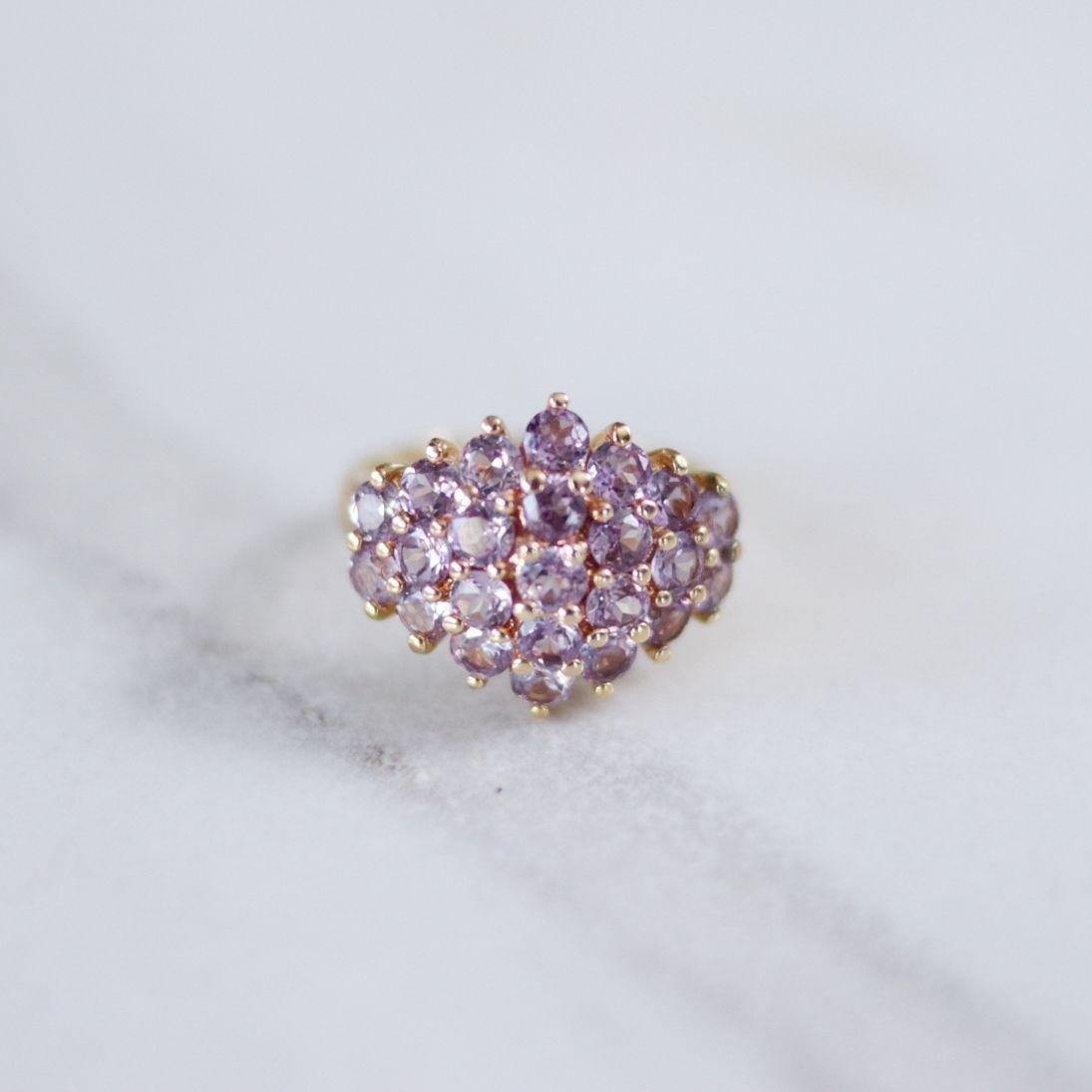 Vintage Lavender 18kt Gold Plated Spinel Cluster Cocktail Ring by Unsigned Beauty - Vintage Meet Modern Vintage Jewelry - Chicago, Illinois - #oldhollywoodglamour #vintagemeetmodern #designervintage #jewelrybox #antiquejewelry #vintagejewelry