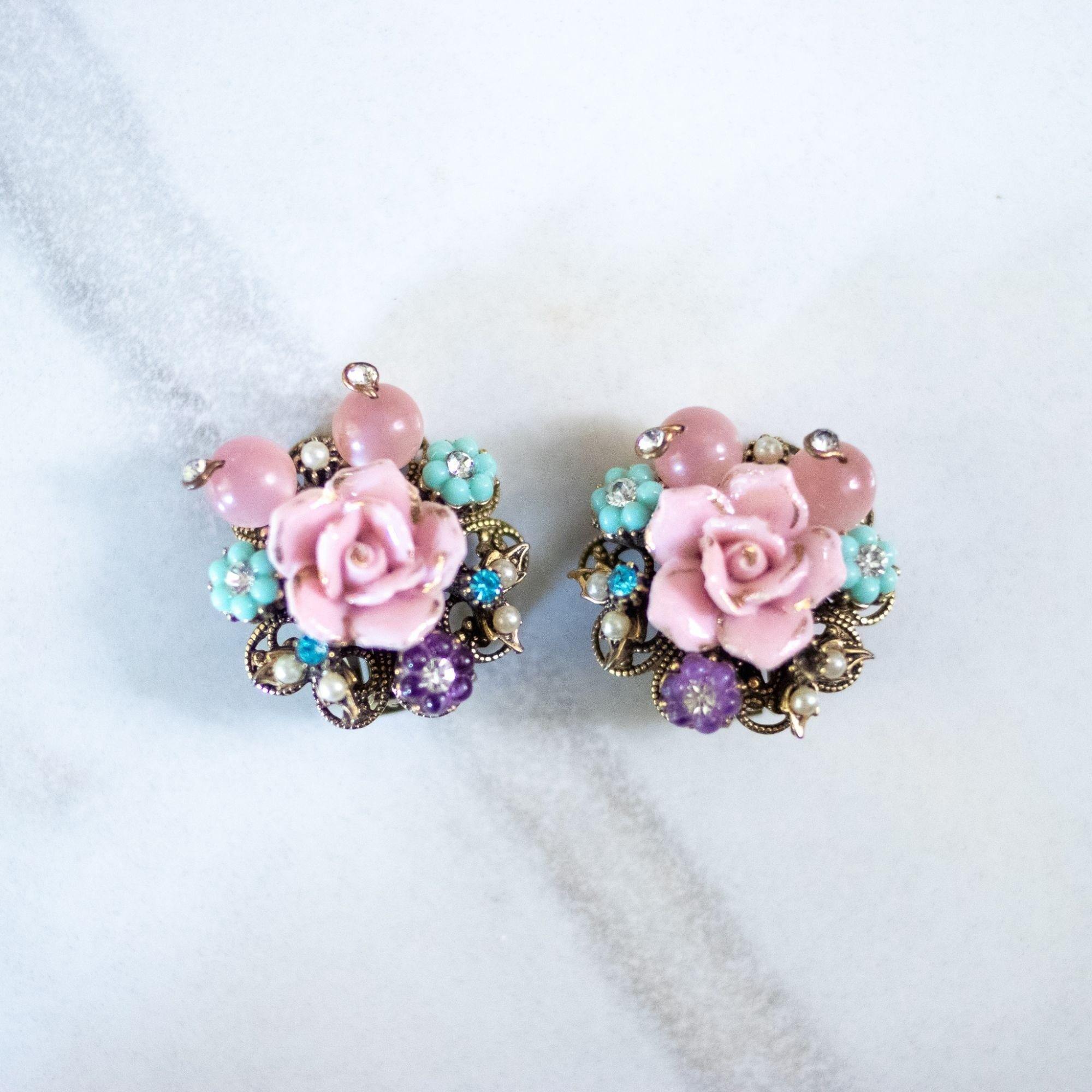 Vintage Pink Porcelain Rose Earrings by Unsigned Beauty - Vintage Meet Modern Vintage Jewelry - Chicago, Illinois - #oldhollywoodglamour #vintagemeetmodern #designervintage #jewelrybox #antiquejewelry #vintagejewelry
