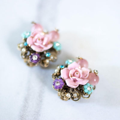 Vintage Pink Porcelain Rose Earrings by Unsigned Beauty - Vintage Meet Modern Vintage Jewelry - Chicago, Illinois - #oldhollywoodglamour #vintagemeetmodern #designervintage #jewelrybox #antiquejewelry #vintagejewelry