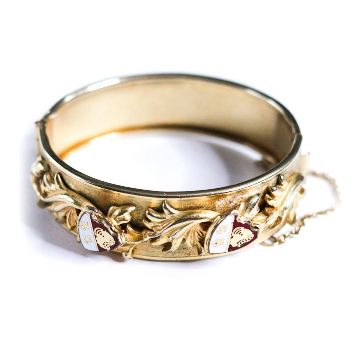 Vintage Heraldic Gold Hinged Bangle Bracelet