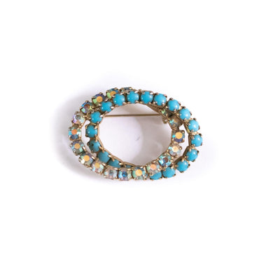 Vintage Turquoise Milk Glass and Aurora Borealis Brooch by Unsigned Beauty - Vintage Meet Modern Vintage Jewelry - Chicago, Illinois - #oldhollywoodglamour #vintagemeetmodern #designervintage #jewelrybox #antiquejewelry #vintagejewelry