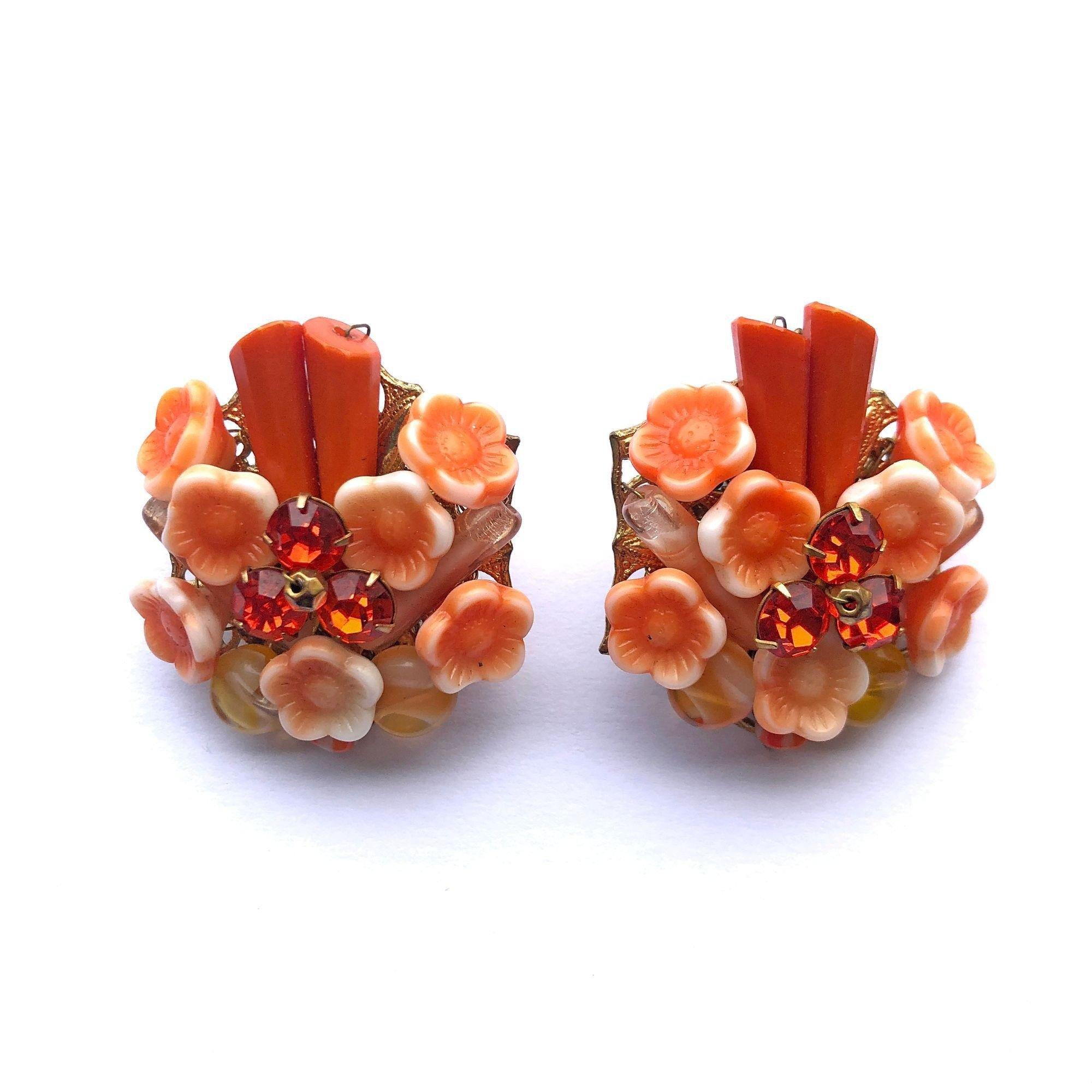 Vintage Orange Flower and Rhinestone Statement Earrings by Unsigned Beauty - Vintage Meet Modern Vintage Jewelry - Chicago, Illinois - #oldhollywoodglamour #vintagemeetmodern #designervintage #jewelrybox #antiquejewelry #vintagejewelry