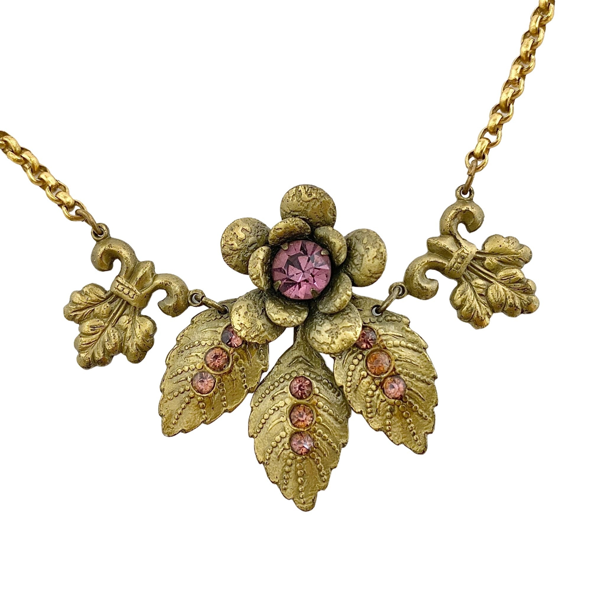 Vintage Czech Gilt Flower Necklace with Amethyst Crystals by Czech - Vintage Meet Modern Vintage Jewelry - Chicago, Illinois - #oldhollywoodglamour #vintagemeetmodern #designervintage #jewelrybox #antiquejewelry #vintagejewelry