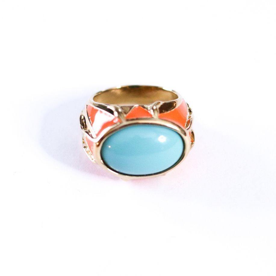 Vintage Turquoise Glass Cabochon and Coral Enamel Statement Ring