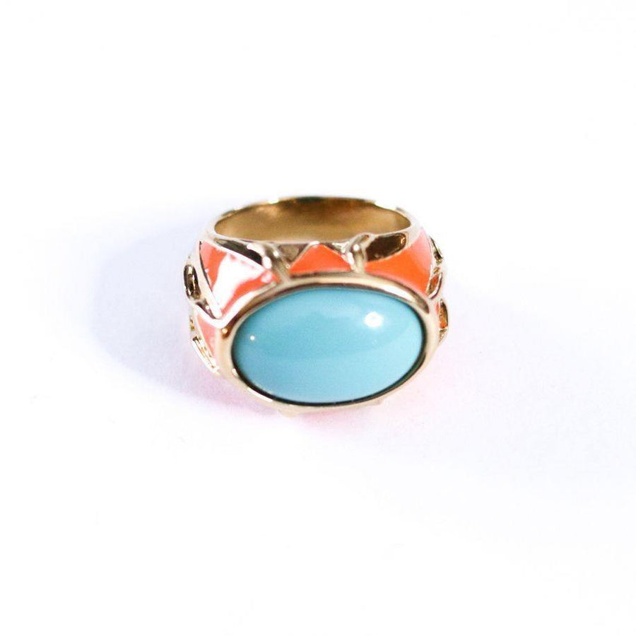 Vintage Turquoise Glass Cabochon and Coral Enamel Statement Ring by Vintage Meet Modern - Vintage Meet Modern Vintage Jewelry - Chicago, Illinois - #oldhollywoodglamour #vintagemeetmodern #designervintage #jewelrybox #antiquejewelry #vintagejewelry