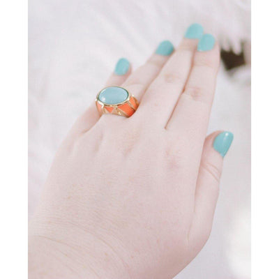 Vintage Turquoise Glass Cabochon and Coral Enamel Statement Ring by Vintage Meet Modern - Vintage Meet Modern Vintage Jewelry - Chicago, Illinois - #oldhollywoodglamour #vintagemeetmodern #designervintage #jewelrybox #antiquejewelry #vintagejewelry