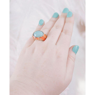 Vintage Turquoise Glass Cabochon and Coral Enamel Statement Ring by Vintage Meet Modern  - Vintage Meet Modern Vintage Jewelry - Chicago, Illinois - #oldhollywoodglamour #vintagemeetmodern #designervintage #jewelrybox #antiquejewelry #vintagejewelry