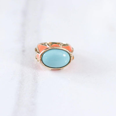Vintage Turquoise Glass Cabochon and Coral Enamel Statement Ring by Vintage Meet Modern - Vintage Meet Modern Vintage Jewelry - Chicago, Illinois - #oldhollywoodglamour #vintagemeetmodern #designervintage #jewelrybox #antiquejewelry #vintagejewelry