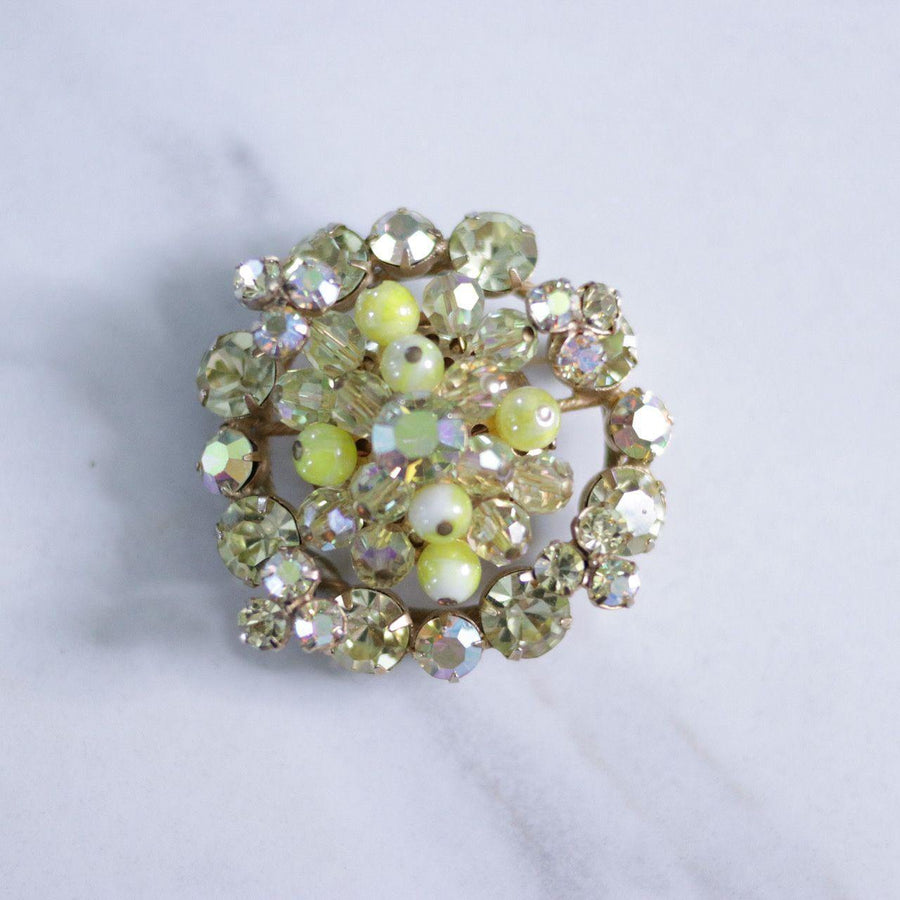 Vintage Yellow Bead and Aurora Borealis Brooch by Regency - Vintage Meet Modern Vintage Jewelry - Chicago, Illinois - #oldhollywoodglamour #vintagemeetmodern #designervintage #jewelrybox #antiquejewelry #vintagejewelry