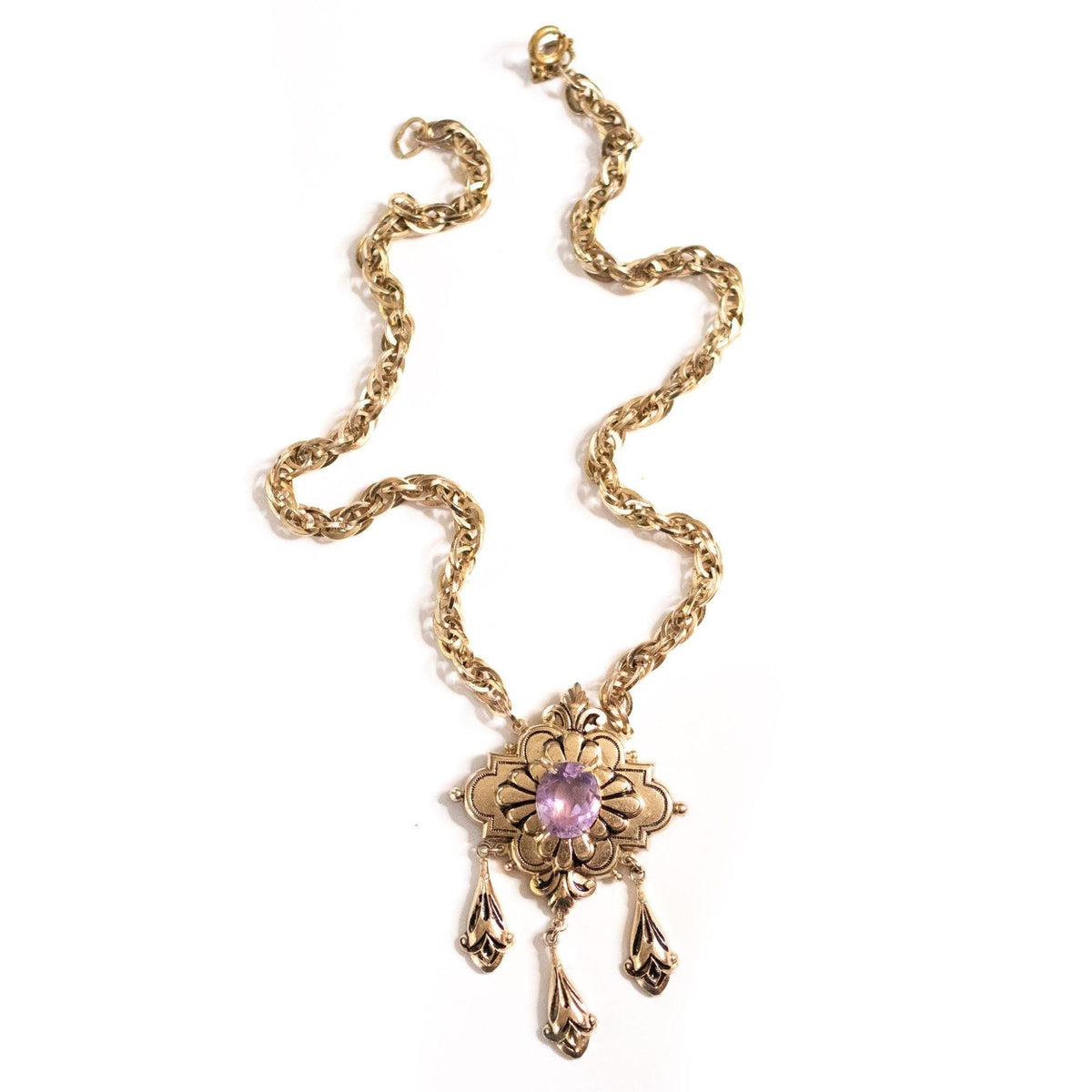 Vintage Coro Purple Crystal Gold Lavalier with Dangling Charms Necklace