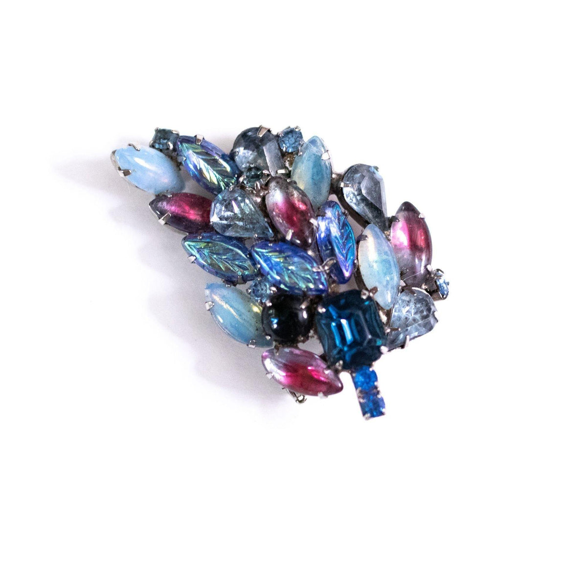 Vintage Shade of Blue and Iris Purple Pressed Glass and Rhinestone Brooch