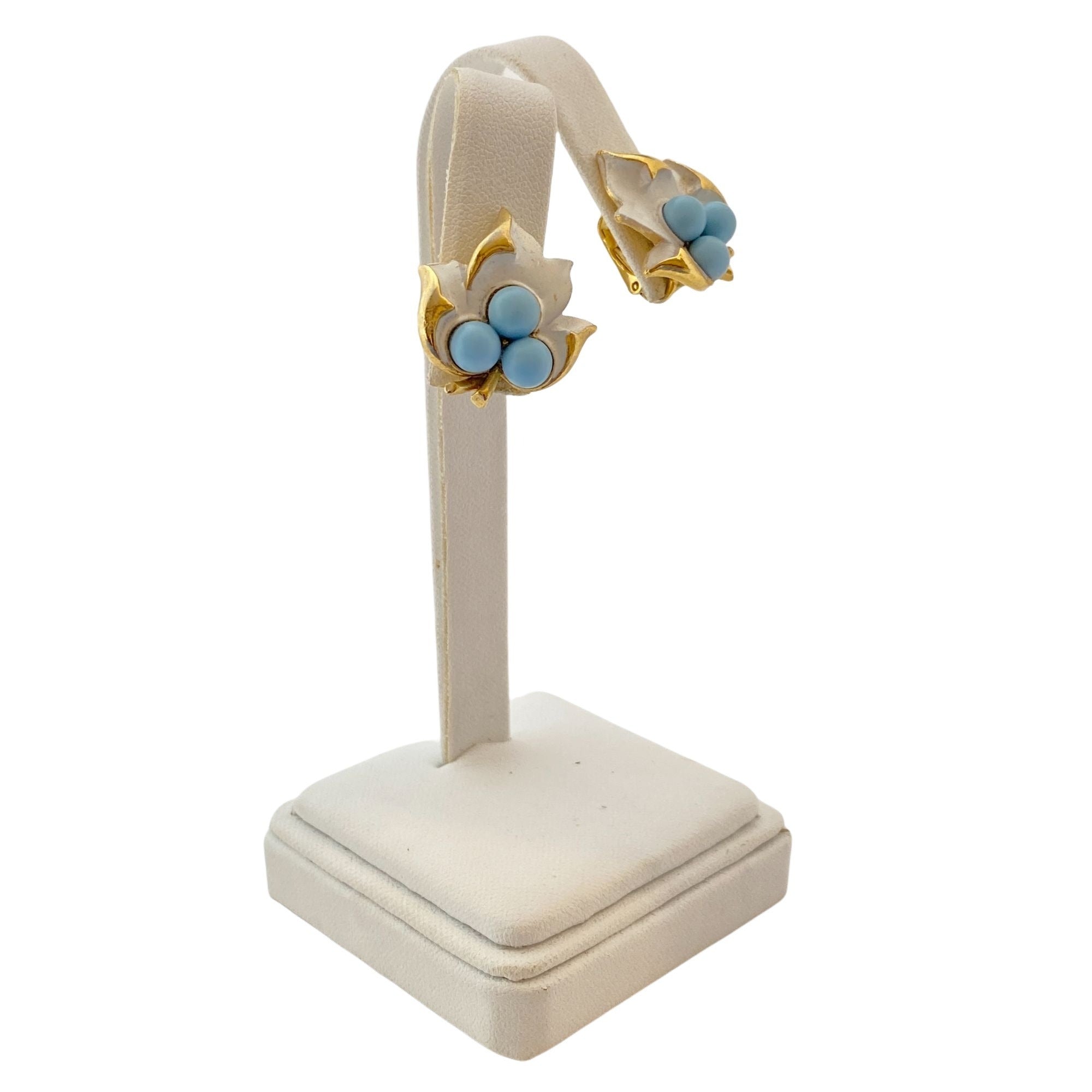 Vintage Sarah Coventry White Leaf and Turquoise  Bead Earrings by Sarah Coventry - Vintage Meet Modern Vintage Jewelry - Chicago, Illinois - #oldhollywoodglamour #vintagemeetmodern #designervintage #jewelrybox #antiquejewelry #vintagejewelry