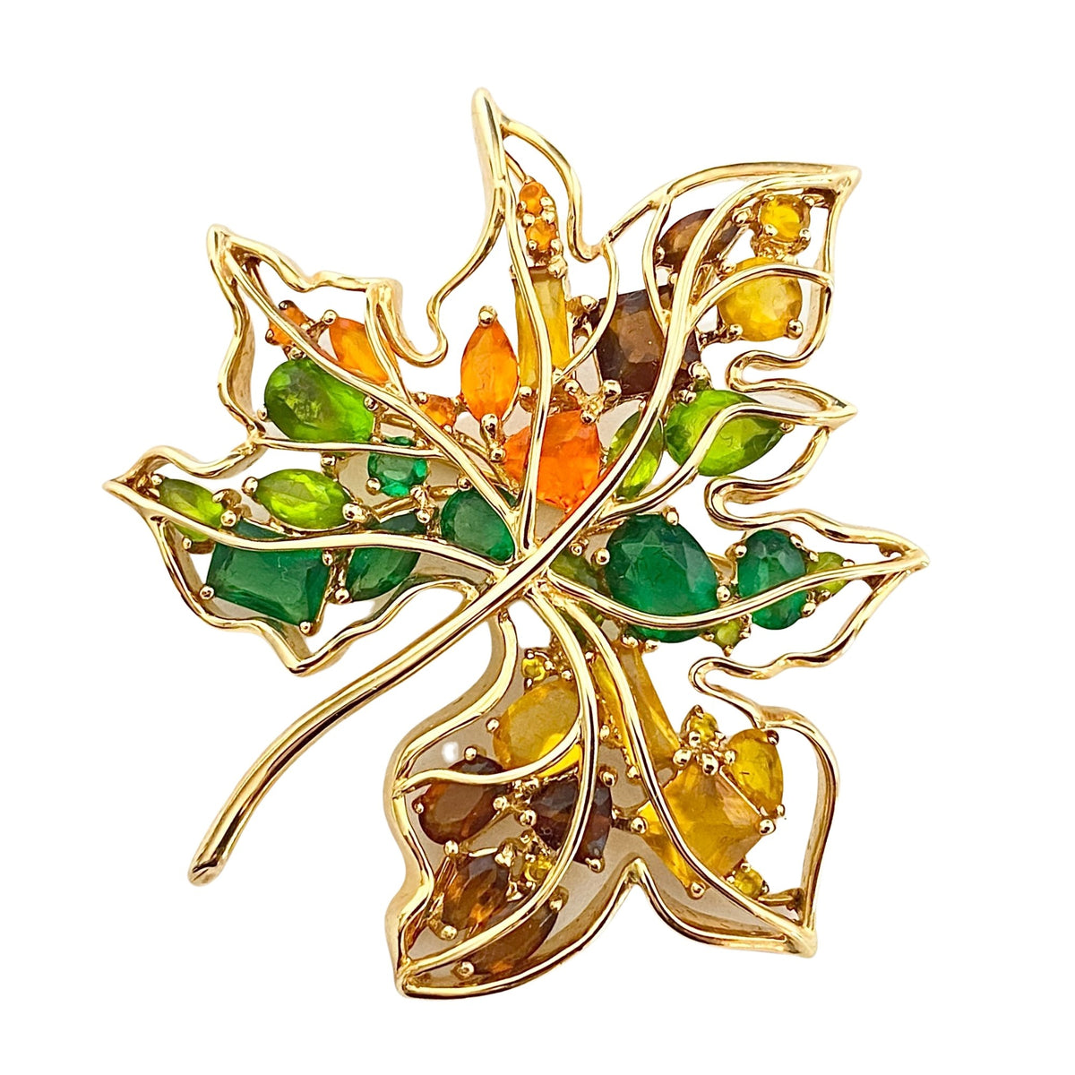 Vintage Gold Green, Yellow, Orange, Crystal Maple Leaf Brooch