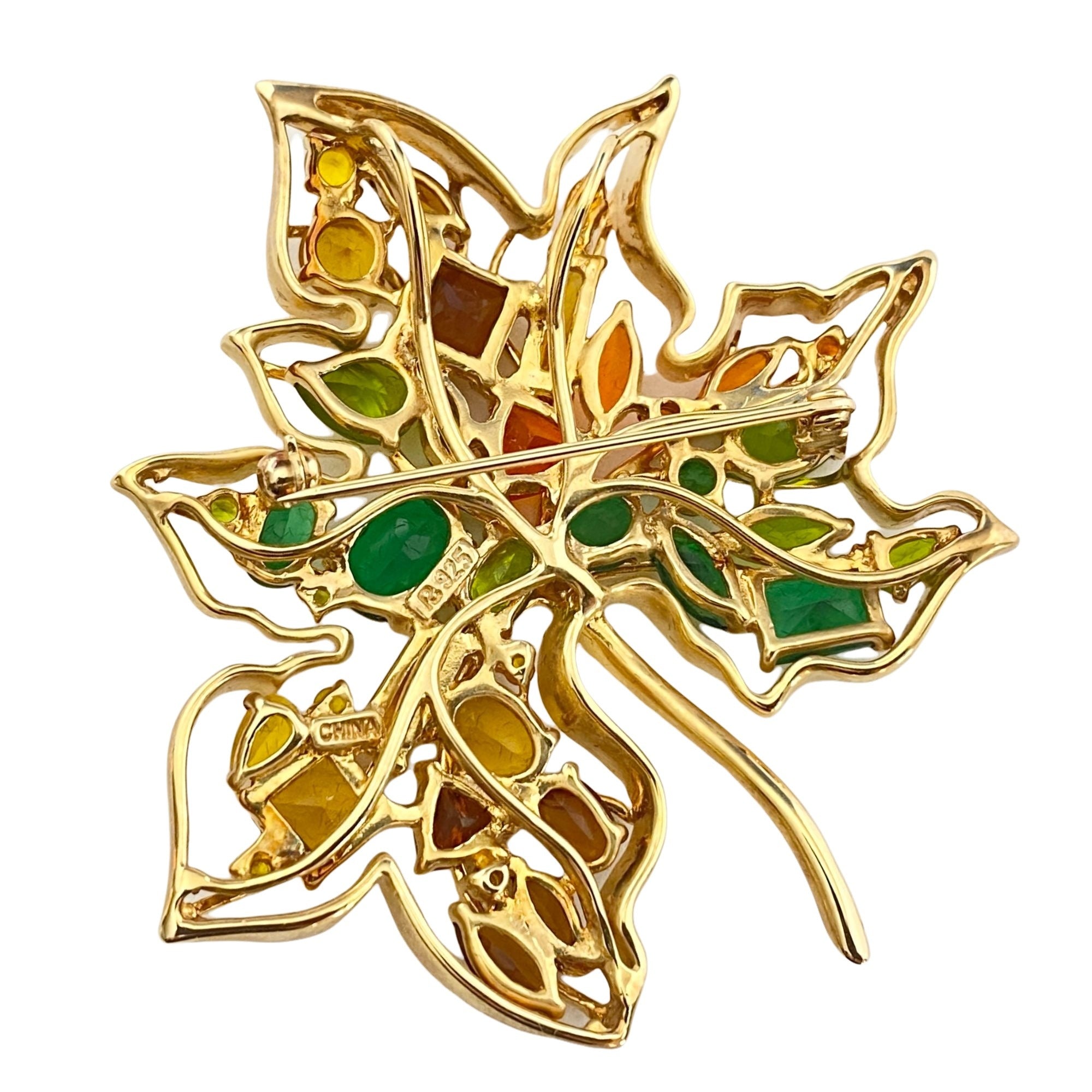 Vintage Gold Green, Yellow, Orange, Crystal Maple Leaf Brooch by Ross Simons - Vintage Meet Modern Vintage Jewelry - Chicago, Illinois - #oldhollywoodglamour #vintagemeetmodern #designervintage #jewelrybox #antiquejewelry #vintagejewelry
