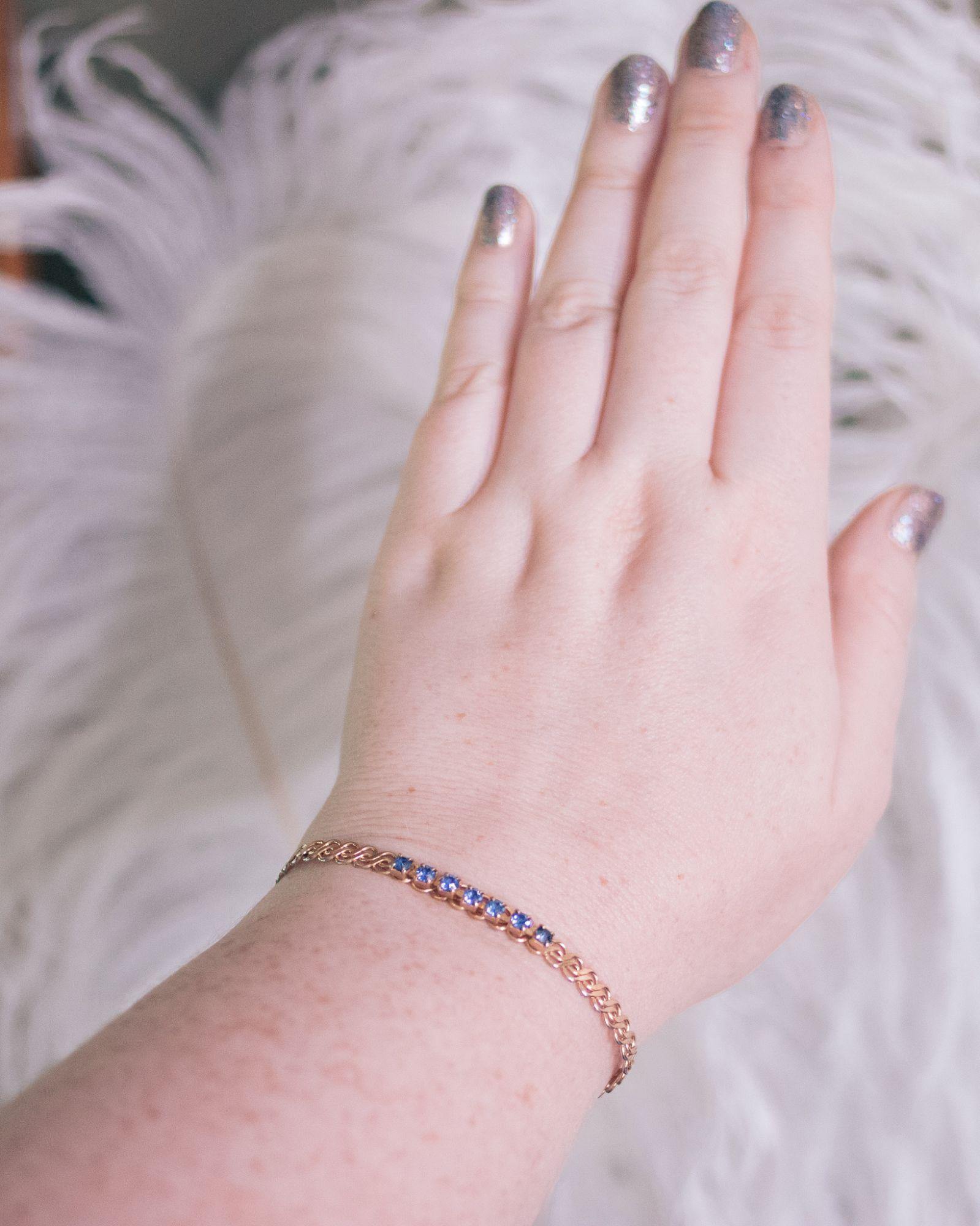 Vintage Petite Open Cuff Bracelet with Blue Rhinestones by Unsigned Beauty - Vintage Meet Modern Vintage Jewelry - Chicago, Illinois - #oldhollywoodglamour #vintagemeetmodern #designervintage #jewelrybox #antiquejewelry #vintagejewelry