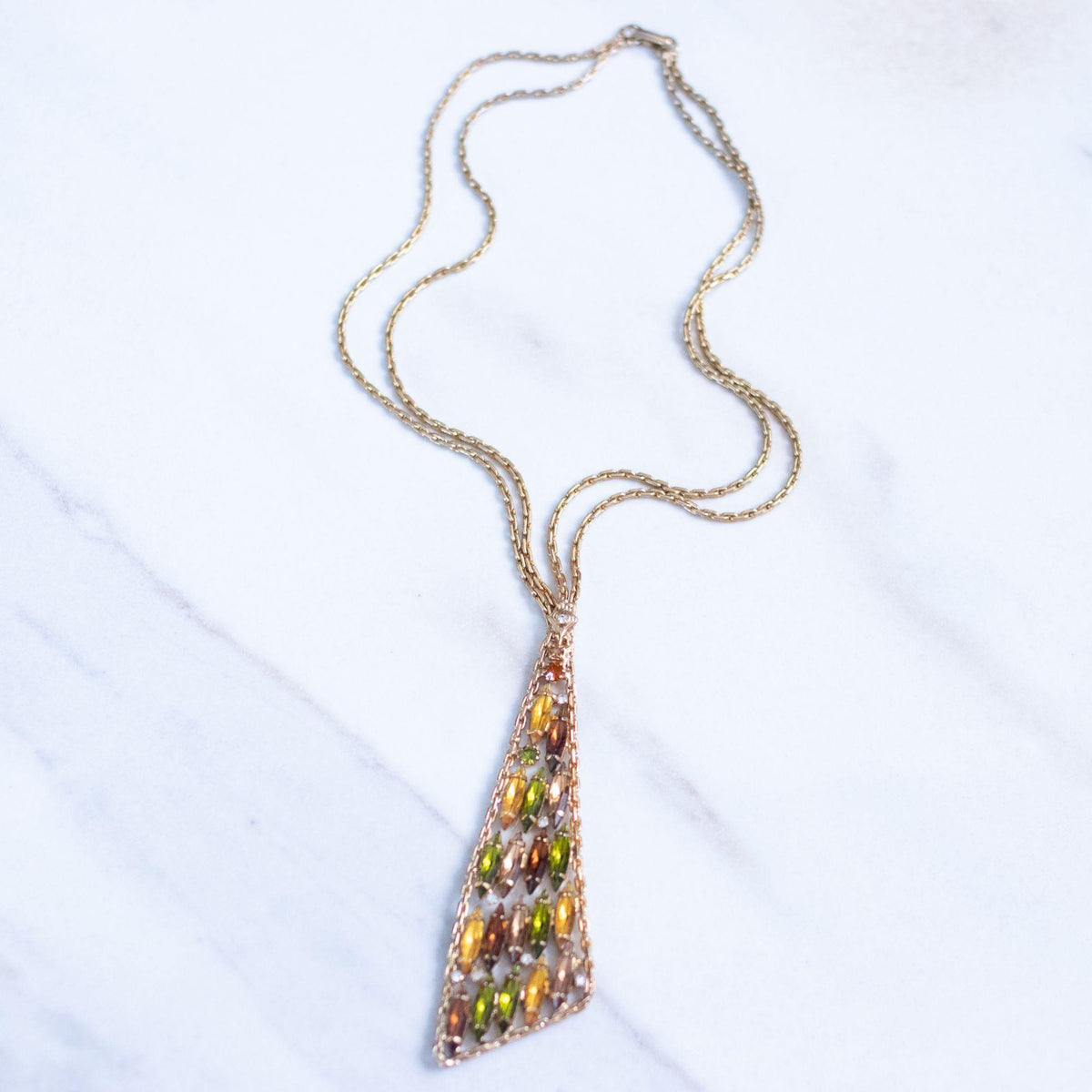 Vintage Amber, Peridot, Citrine, Rhinestone Modernist Statement Necklace
