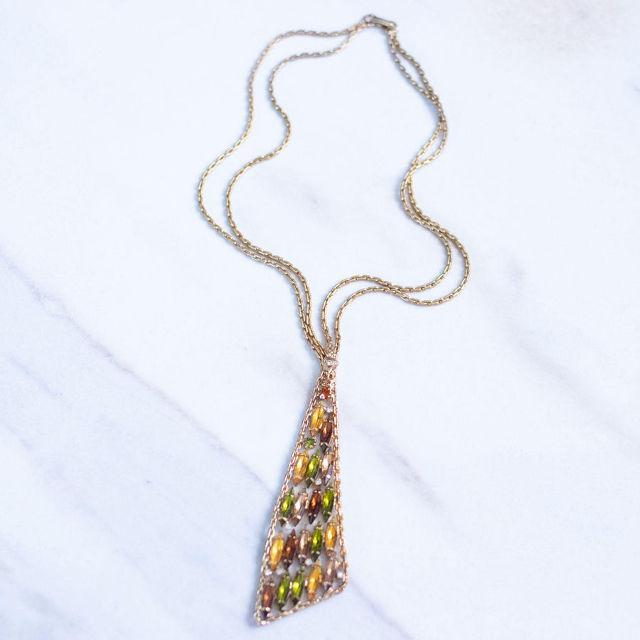 Vintage Amber, Peridot, Citrine, Rhinestone Modernist Statement Necklace by Unsigned Beauty - Vintage Meet Modern Vintage Jewelry - Chicago, Illinois - #oldhollywoodglamour #vintagemeetmodern #designervintage #jewelrybox #antiquejewelry #vintagejewelry