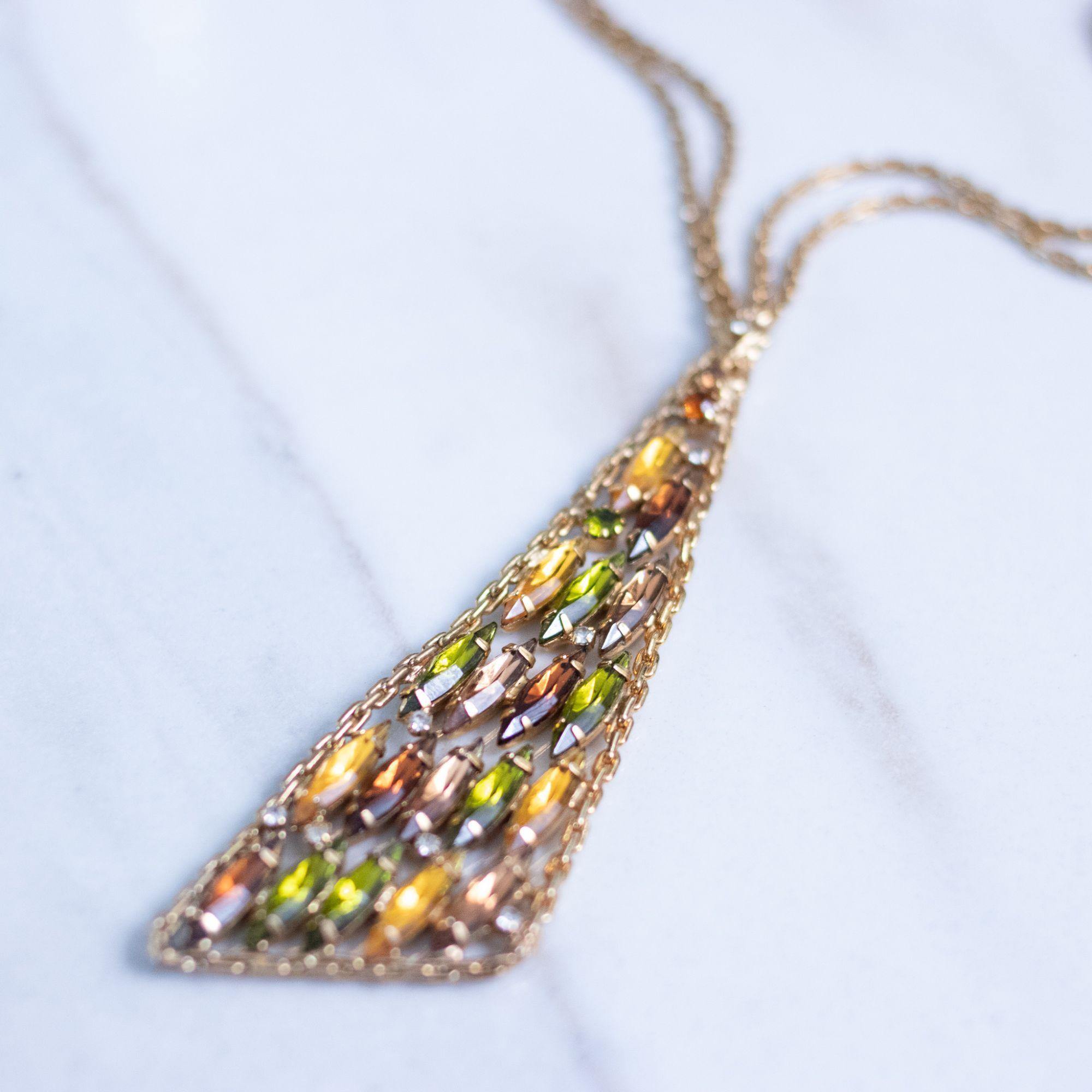 Vintage Amber, Peridot, Citrine, Rhinestone Modernist Statement Necklace by Unsigned Beauty - Vintage Meet Modern Vintage Jewelry - Chicago, Illinois - #oldhollywoodglamour #vintagemeetmodern #designervintage #jewelrybox #antiquejewelry #vintagejewelry