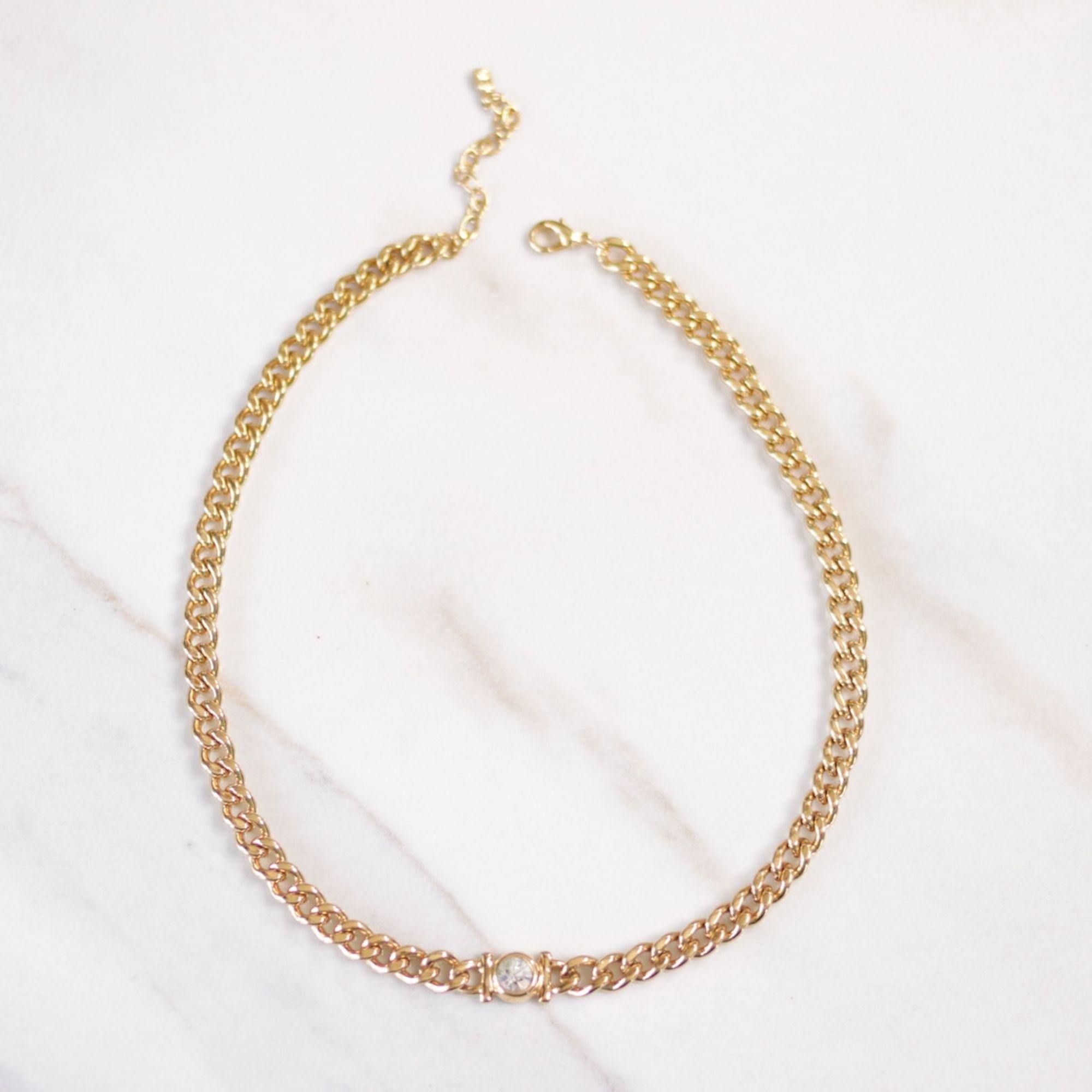 Vintage Gold Curb Chain Necklace with Bezel Set CZ by Unsigned Beauty - Vintage Meet Modern Vintage Jewelry - Chicago, Illinois - #oldhollywoodglamour #vintagemeetmodern #designervintage #jewelrybox #antiquejewelry #vintagejewelry