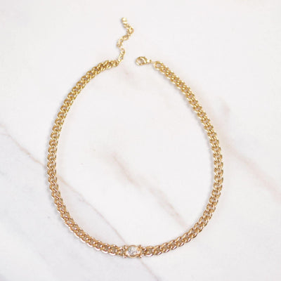 Vintage Gold Curb Chain Necklace with Bezel Set CZ by Unsigned Beauty - Vintage Meet Modern Vintage Jewelry - Chicago, Illinois - #oldhollywoodglamour #vintagemeetmodern #designervintage #jewelrybox #antiquejewelry #vintagejewelry