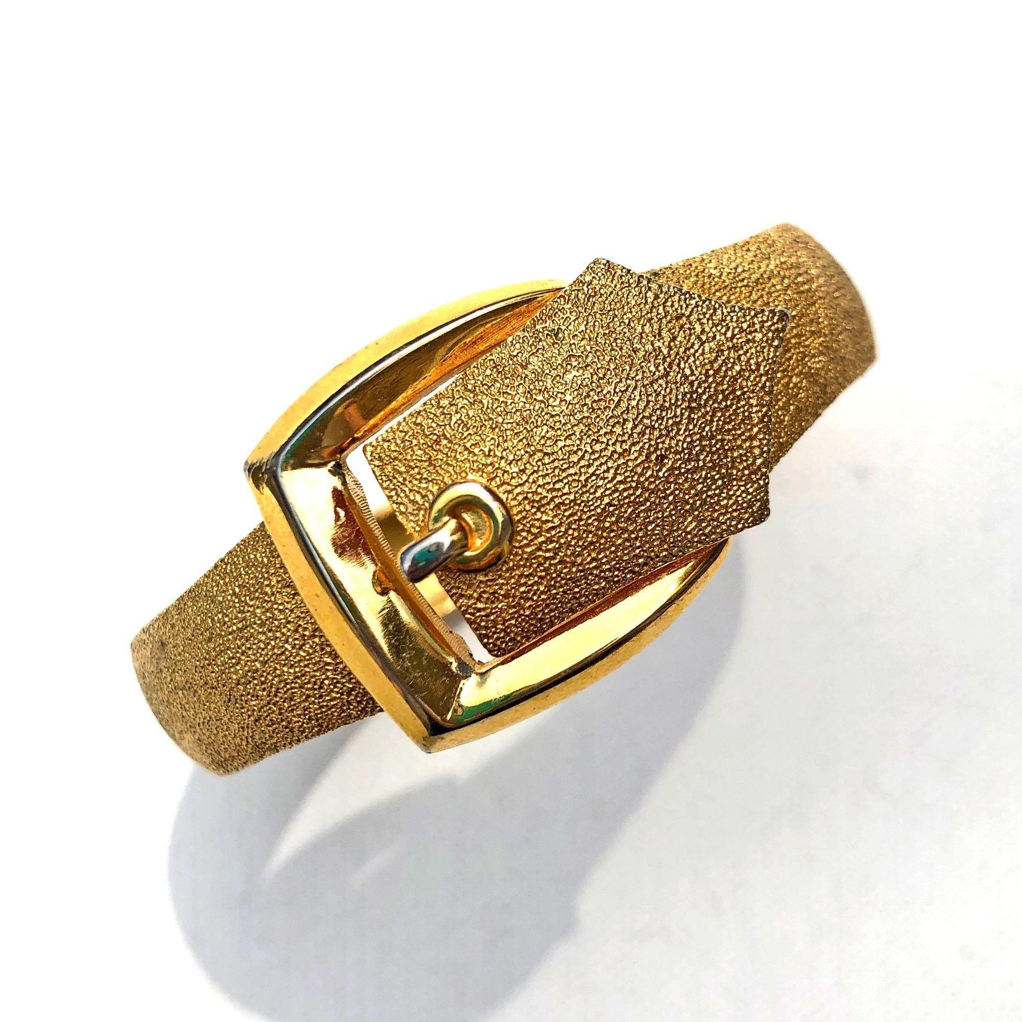 Vintage Crown Trifari Gold Buckle Hinged Bangle Bracelet by Crown Trifari - Vintage Meet Modern Vintage Jewelry - Chicago, Illinois - #oldhollywoodglamour #vintagemeetmodern #designervintage #jewelrybox #antiquejewelry #vintagejewelry