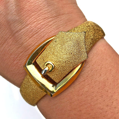 Vintage Crown Trifari Gold Buckle Hinged Bangle Bracelet by Crown Trifari - Vintage Meet Modern Vintage Jewelry - Chicago, Illinois - #oldhollywoodglamour #vintagemeetmodern #designervintage #jewelrybox #antiquejewelry #vintagejewelry