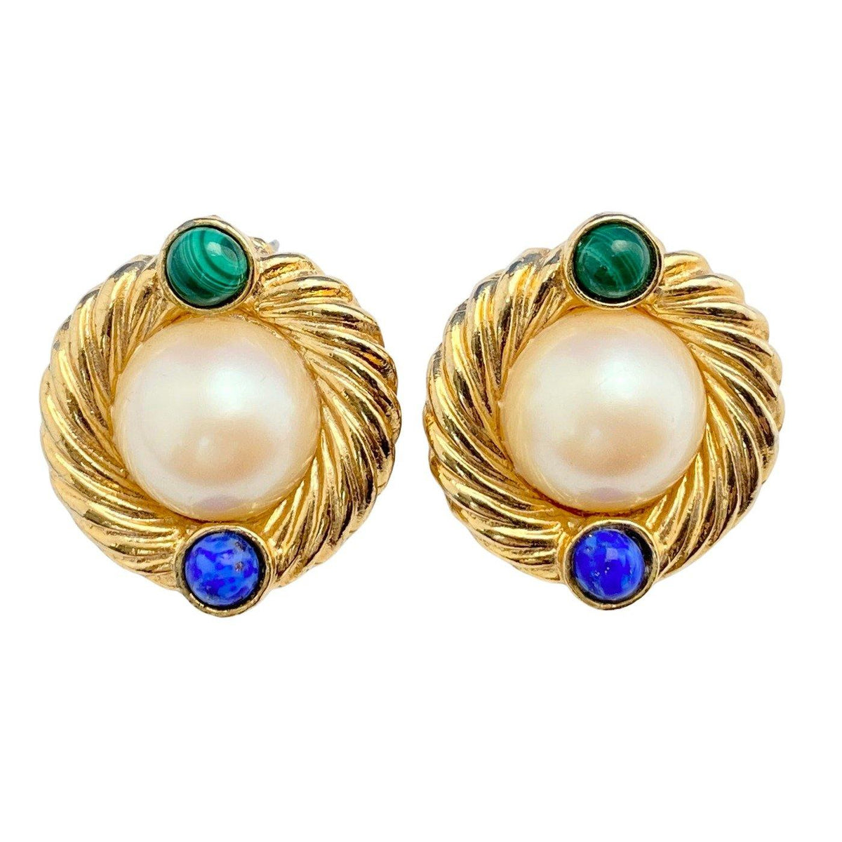 Vintage Gold Cable Earrings with Pearl Cabochon
