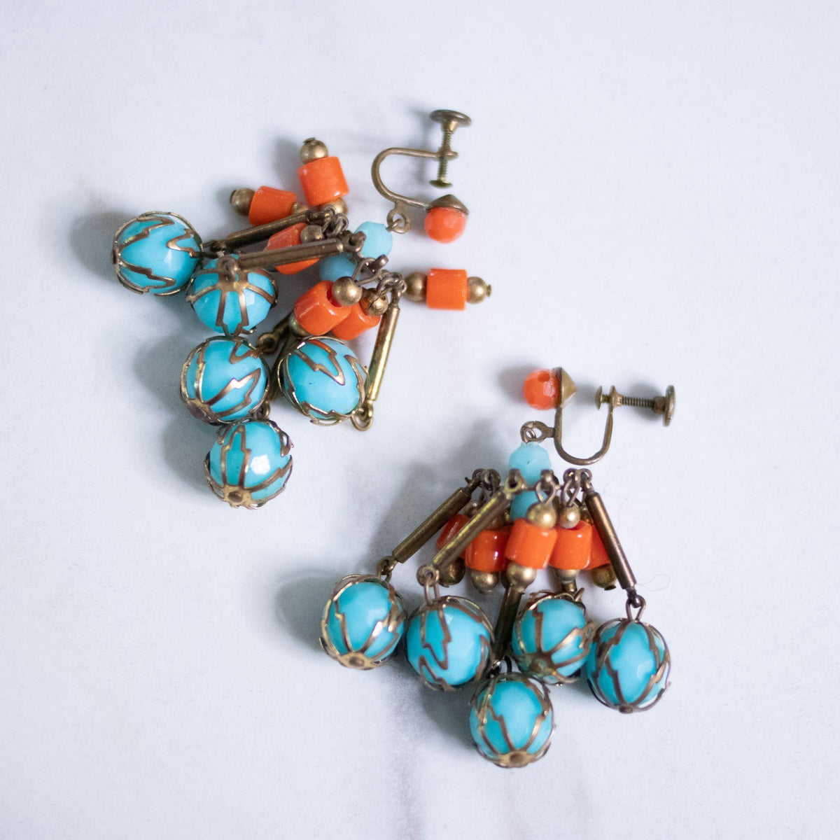 Vintage Bohemian Chic Turquoise and Coral Lucite Dangling Statement Earrings