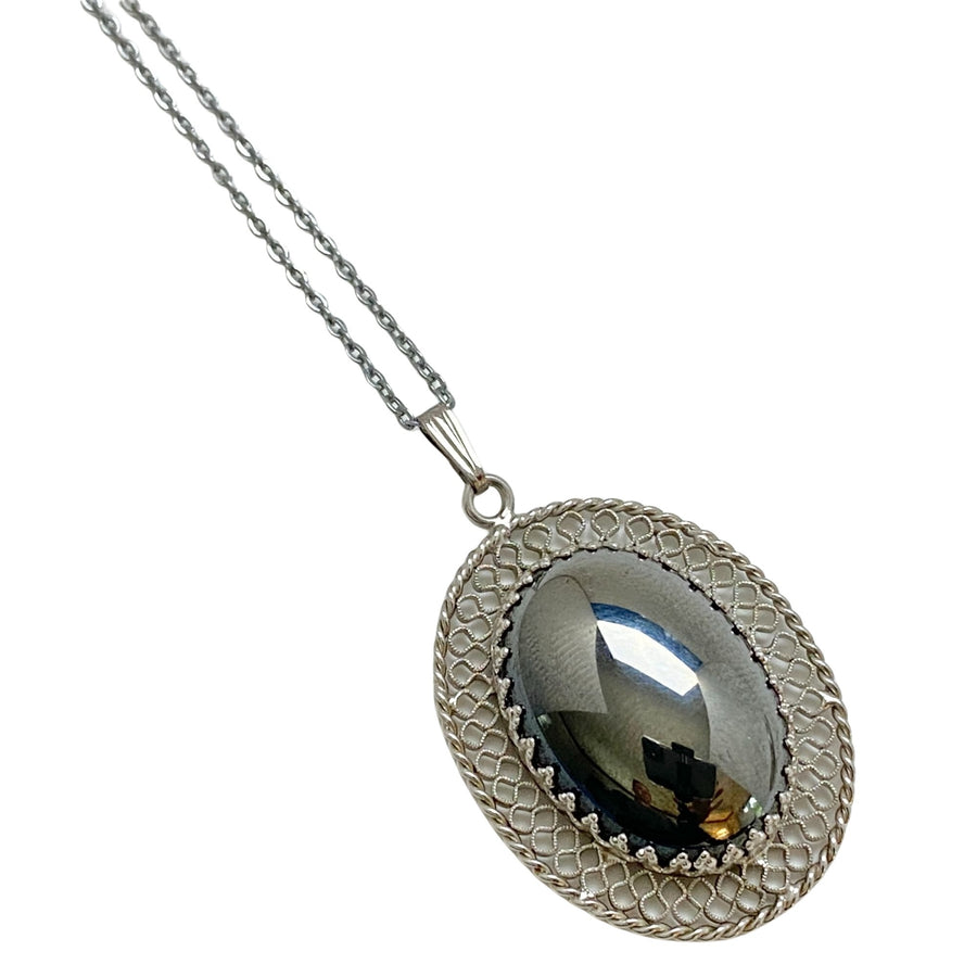 Vintage Whiting and Davis Silver Hematite Pendant Necklace by Whiting and Davis - Vintage Meet Modern Vintage Jewelry - Chicago, Illinois - #oldhollywoodglamour #vintagemeetmodern #designervintage #jewelrybox #antiquejewelry #vintagejewelry