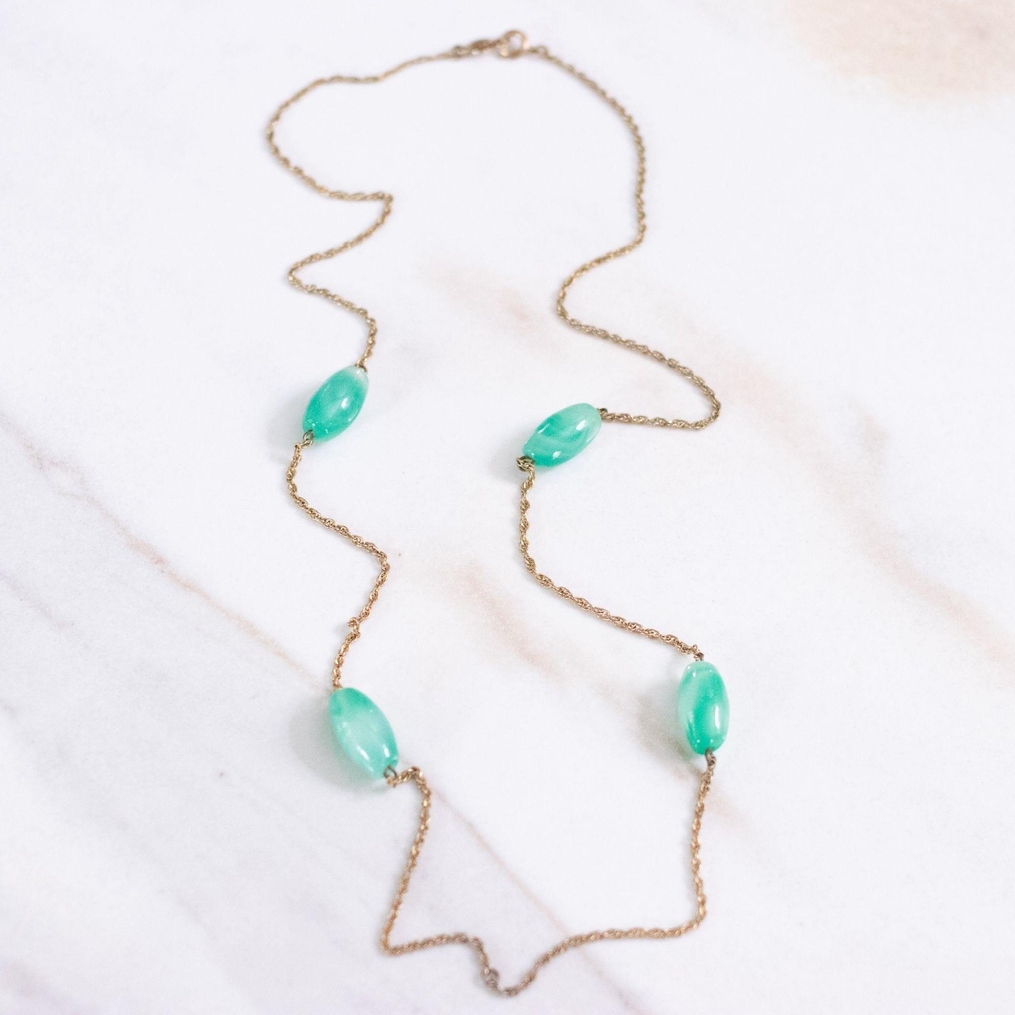 Vintage Accessocraft NYC Jade Glass and Gold Chain Necklace by Accessocraft NYC - Vintage Meet Modern Vintage Jewelry - Chicago, Illinois - #oldhollywoodglamour #vintagemeetmodern #designervintage #jewelrybox #antiquejewelry #vintagejewelry