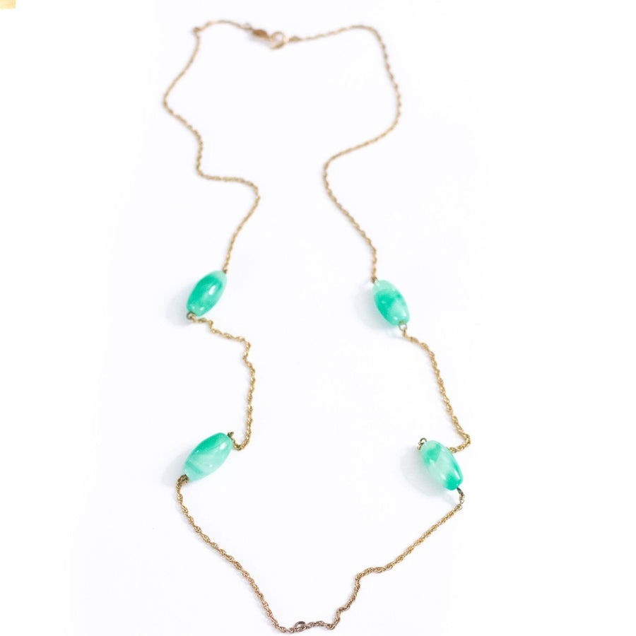 Vintage Accessocraft NYC Jade Glass and Gold Chain Necklace by Accessocraft NYC - Vintage Meet Modern Vintage Jewelry - Chicago, Illinois - #oldhollywoodglamour #vintagemeetmodern #designervintage #jewelrybox #antiquejewelry #vintagejewelry